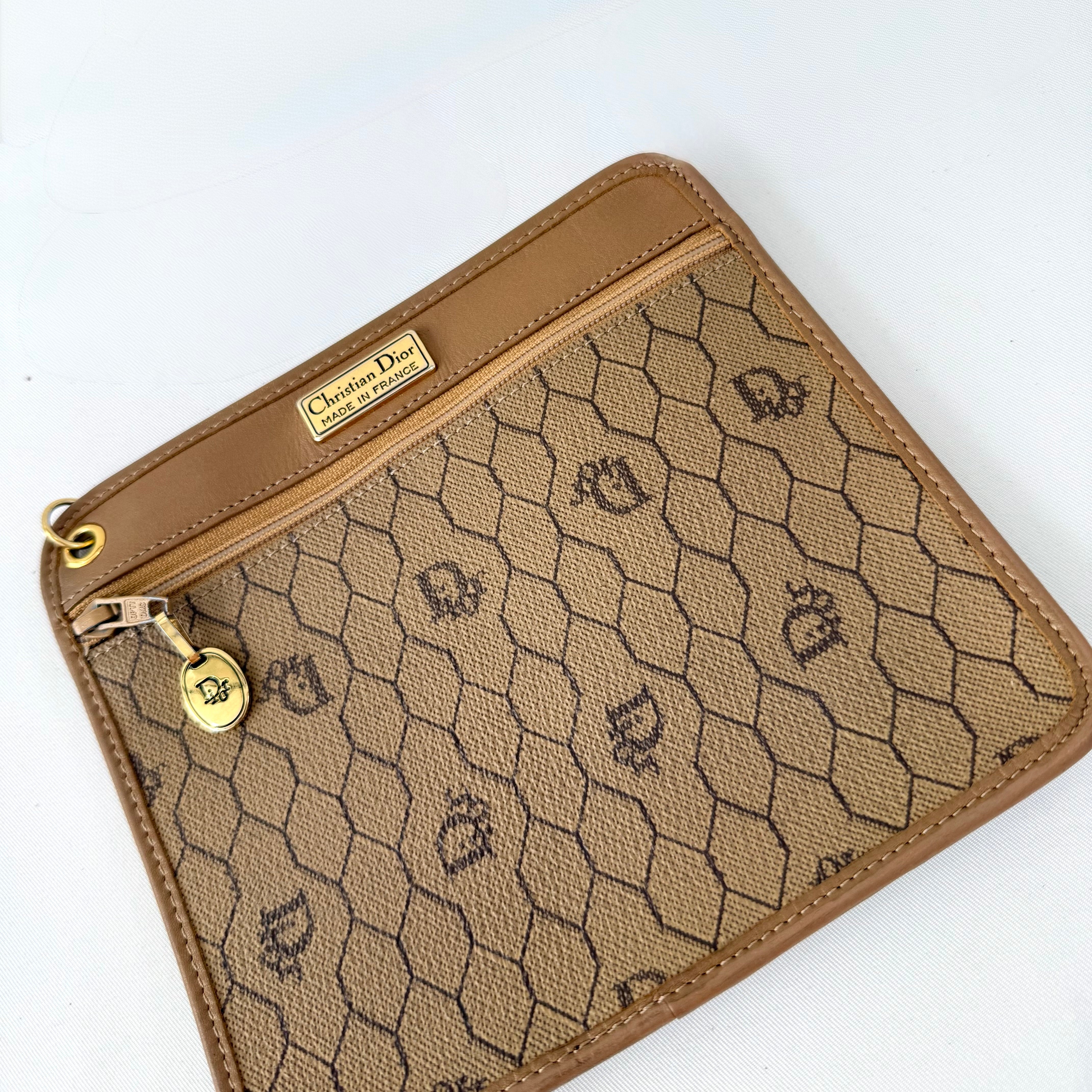 Christian Dior Honeycomb Canvas Pouch Leather Beige Dior Charm