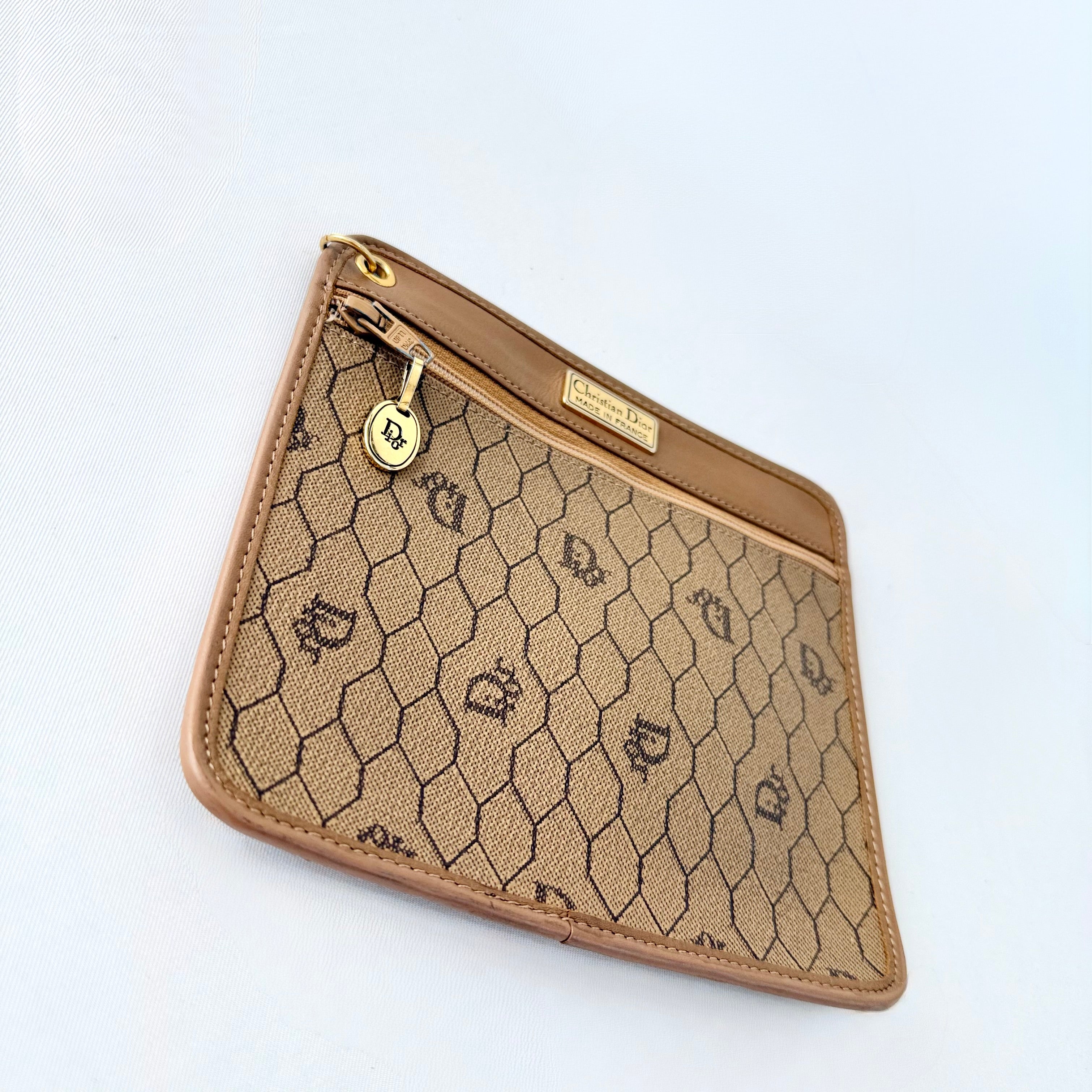Christian Dior Honeycomb Canvas Pouch Leather Beige Dior Charm