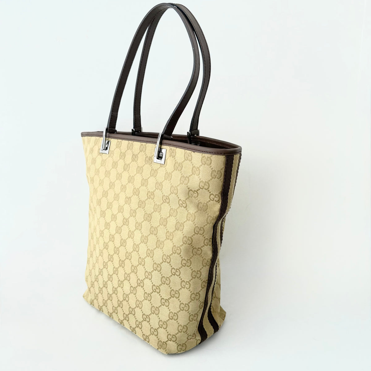 Gucci Monogram Web Bucket Tote Brown