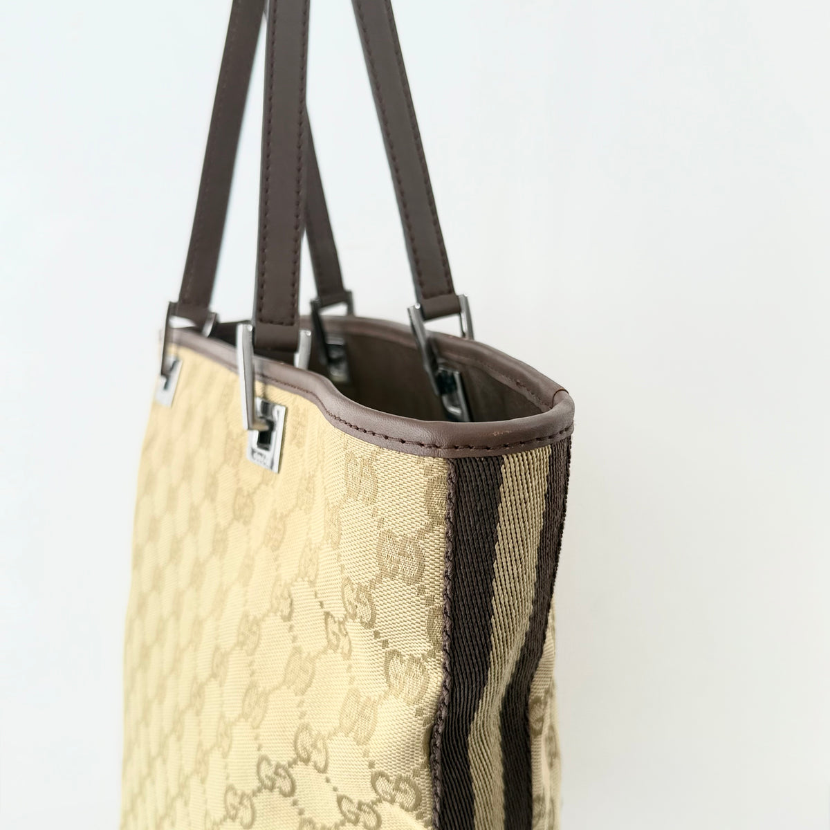 Gucci Monogram Web Bucket Tote Brown