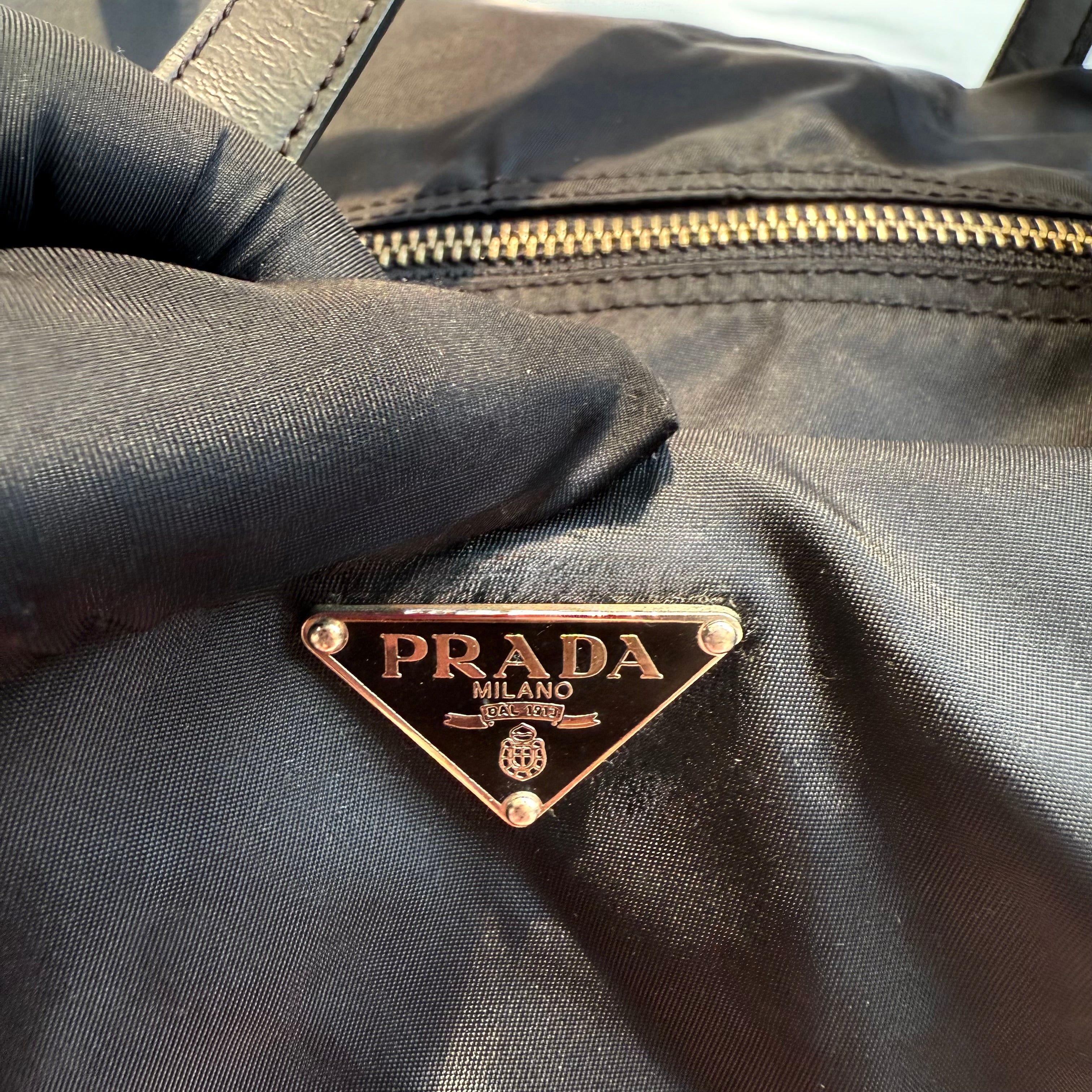 Prada Black Leather Trim Nylon Tessuto Bauletto Bowler Bag