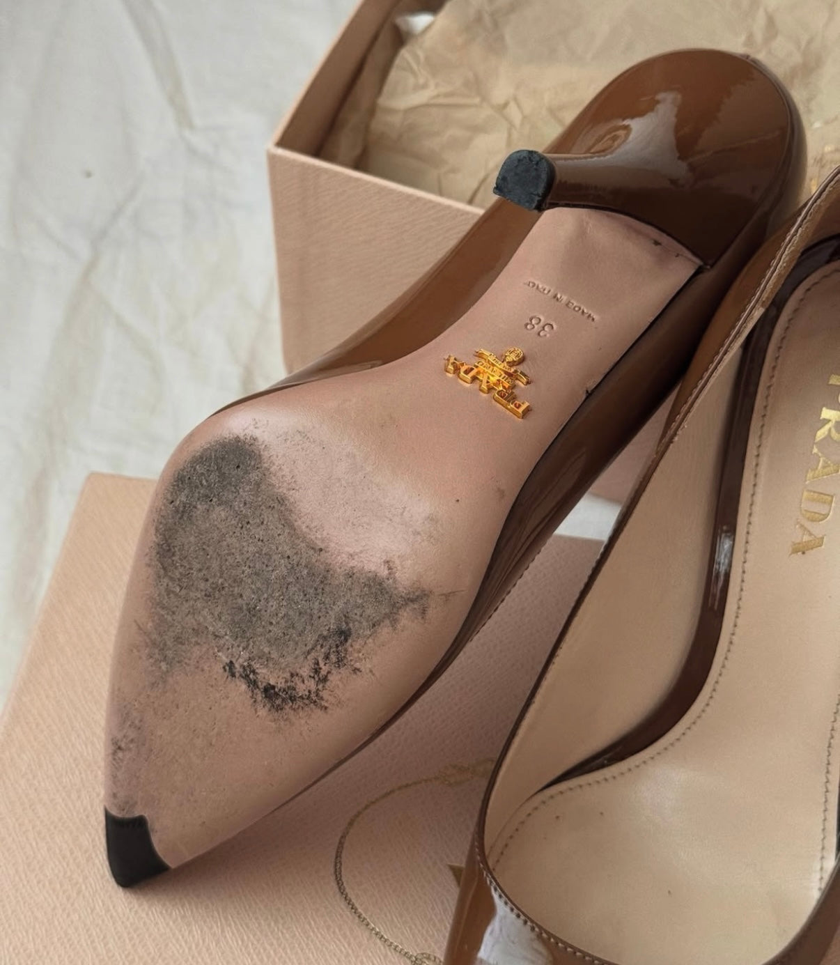 Prada Enamel Pointed Toe Pumps Spin Heels 9cm