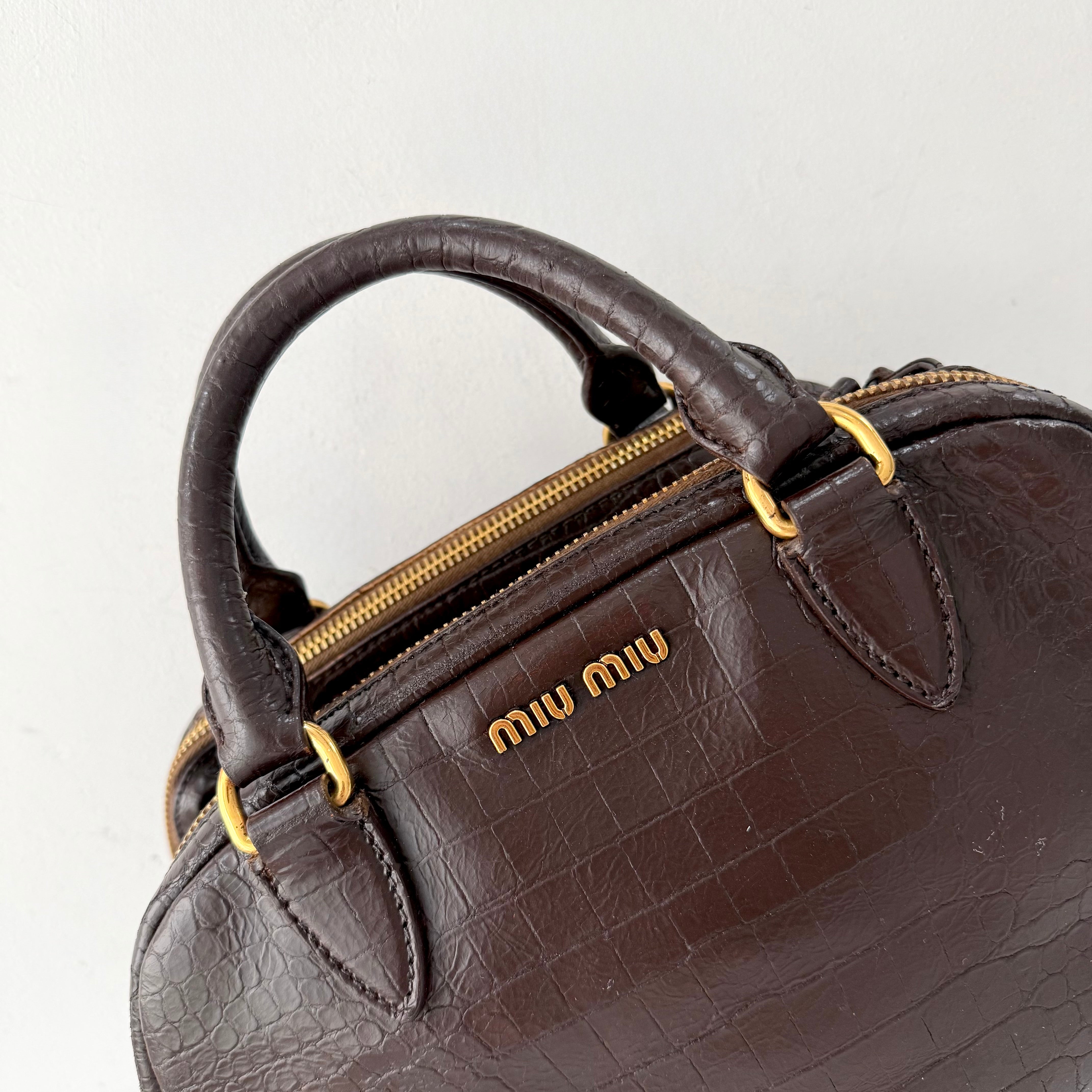 Miu Miu Beige Croc Embossed Patent Leather Bowling Bag