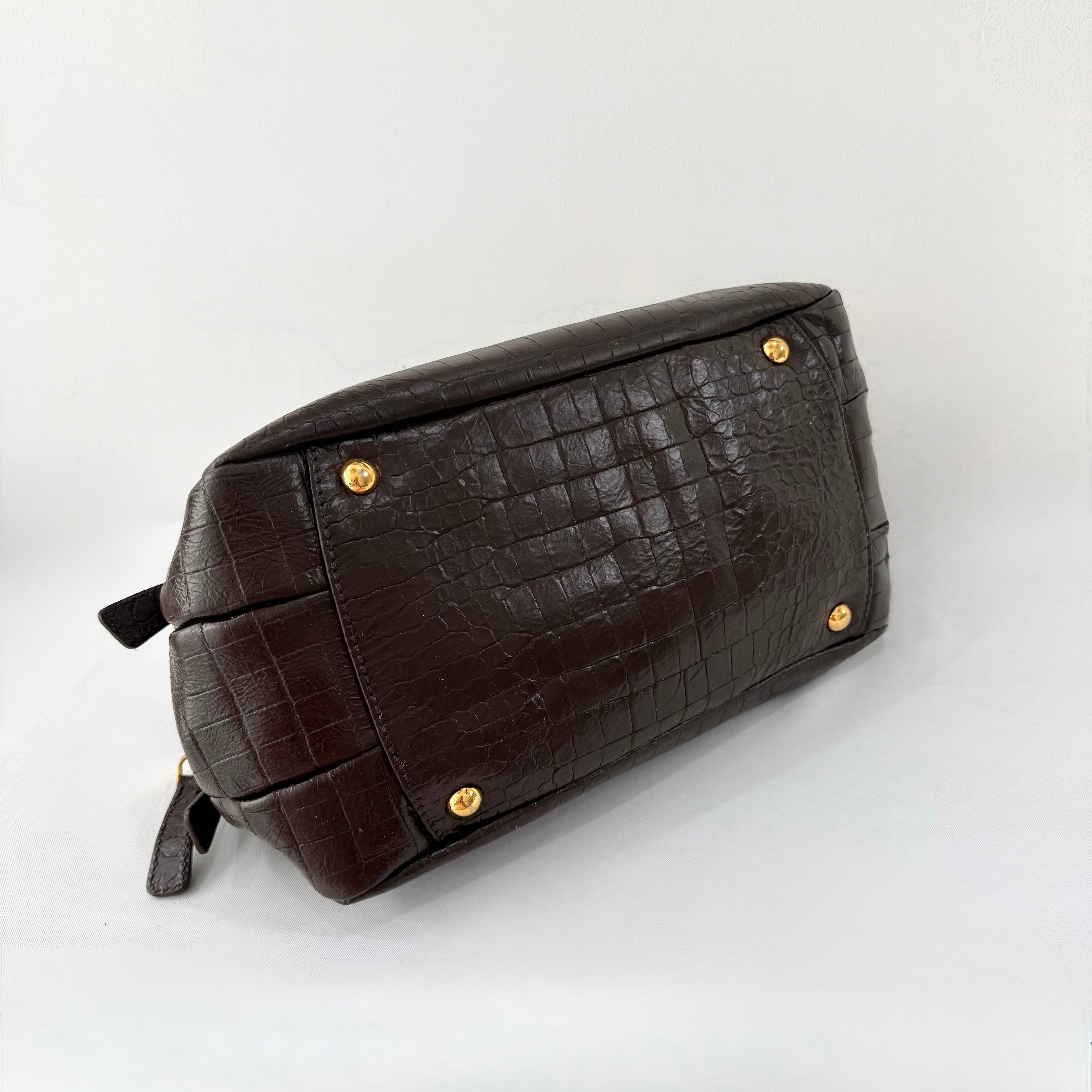 Miu Miu Beige Croc Embossed Patent Leather Bowling Bag