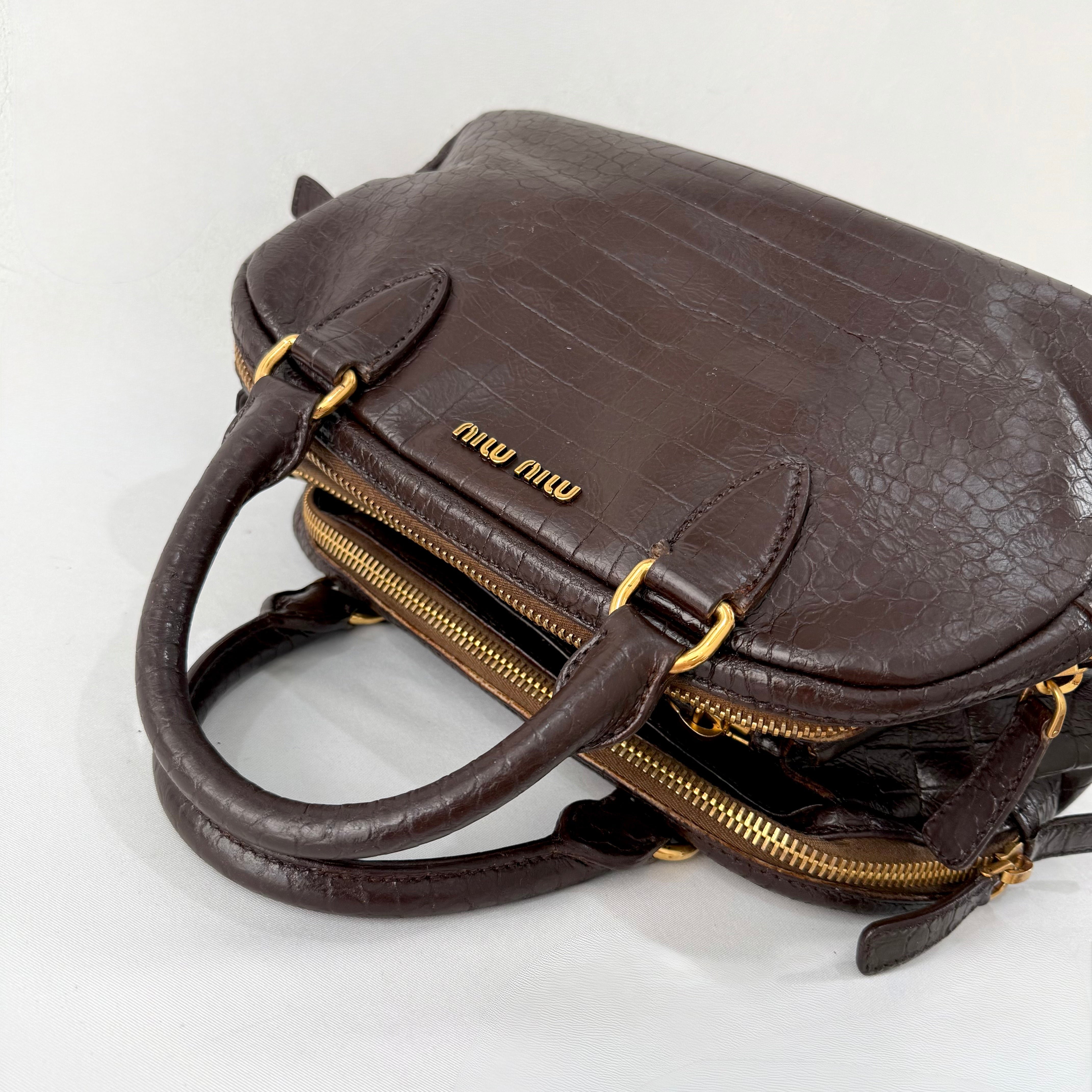 Miu Miu Beige Croc Embossed Patent Leather Bowling Bag