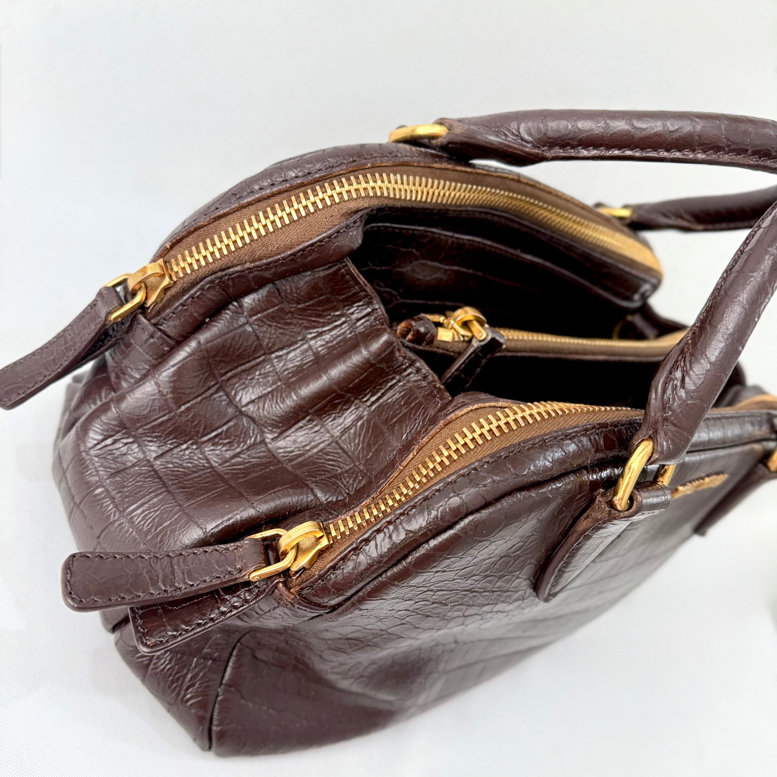 Miu Miu Beige Croc Embossed Patent Leather Bowling Bag