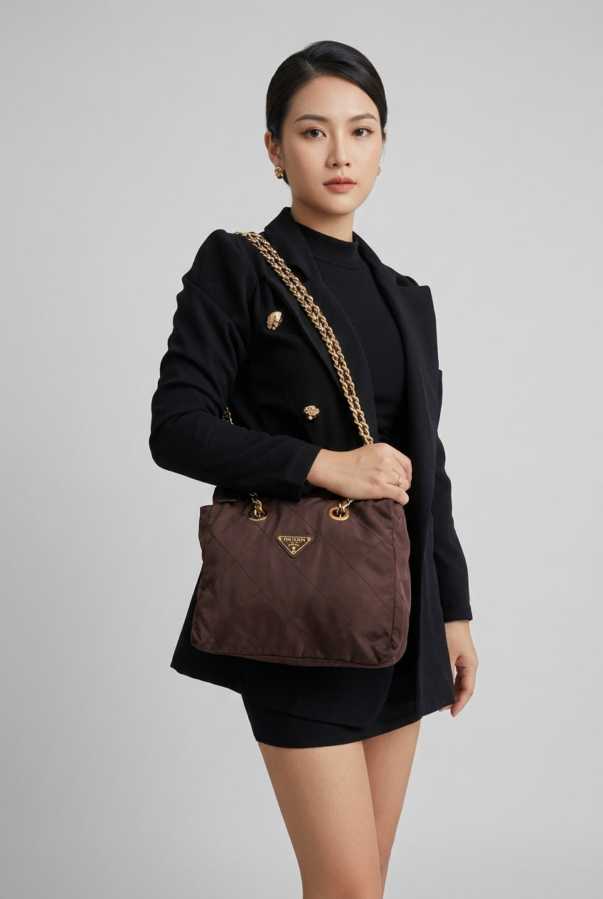 Prada Brown Nylon Tessuto Quilted Flap Shoulder bag