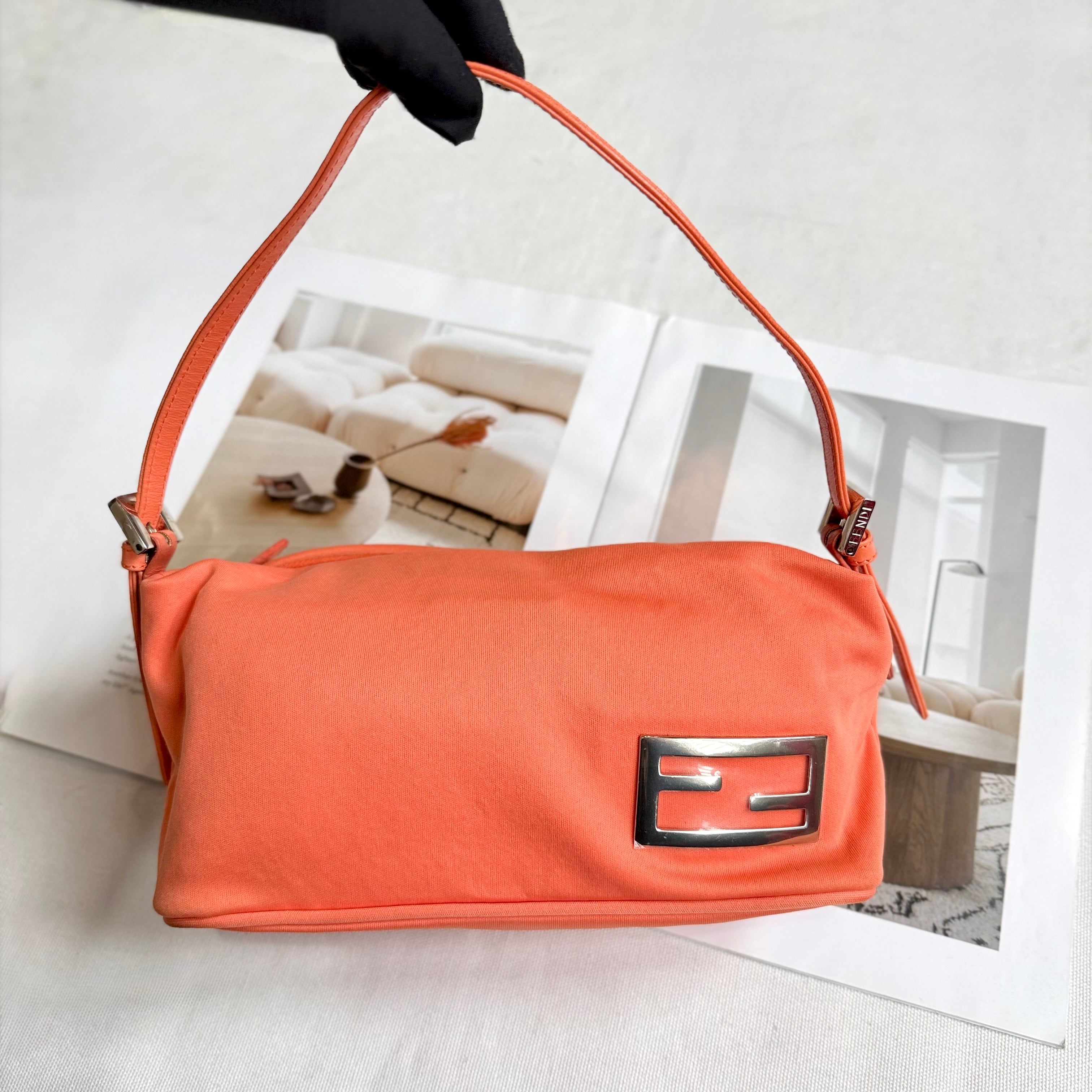 Fendi Orange Baguette Handbag Metal Logo