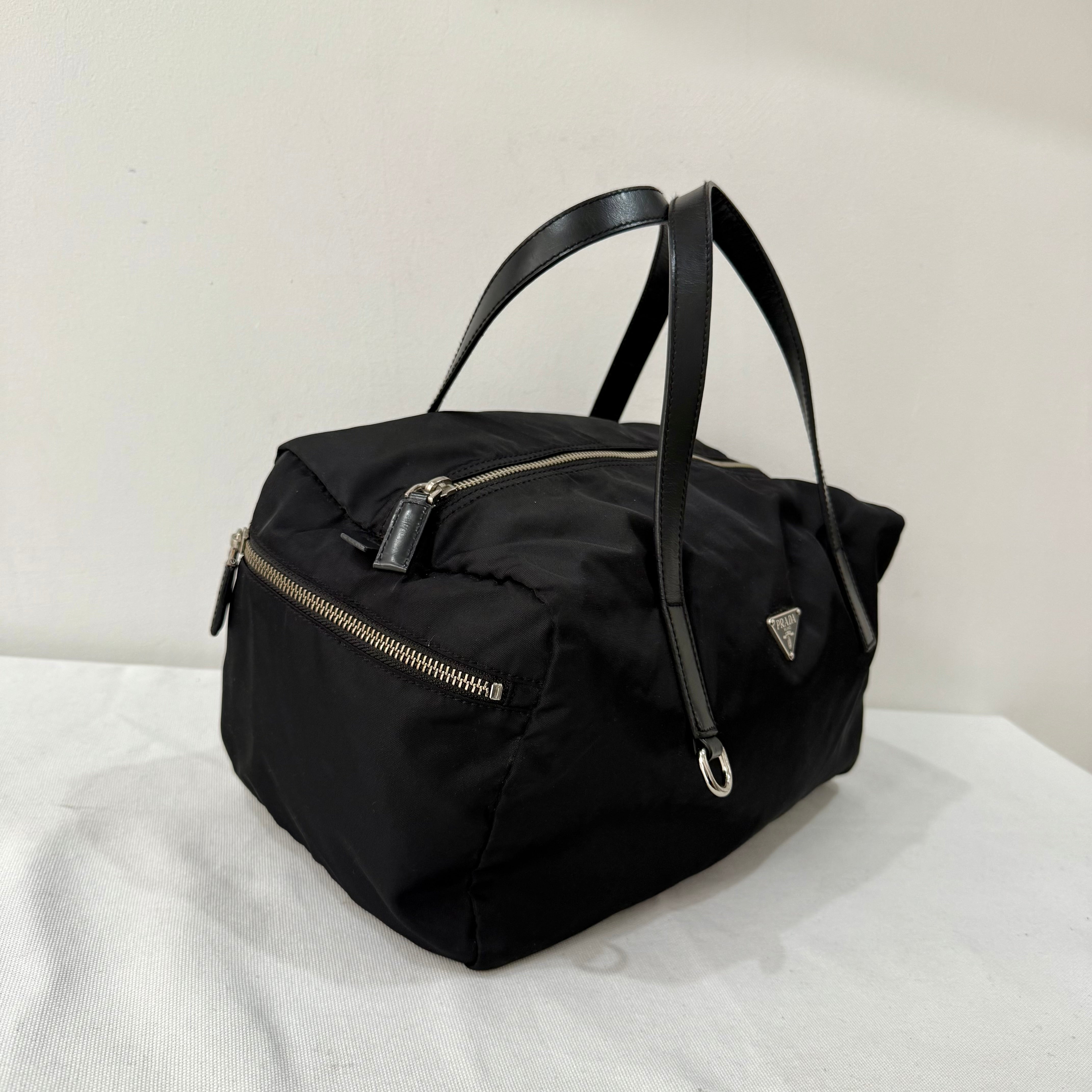 Prada Black Leather Trim Nylon Tessuto Bauletto Bowler Bag