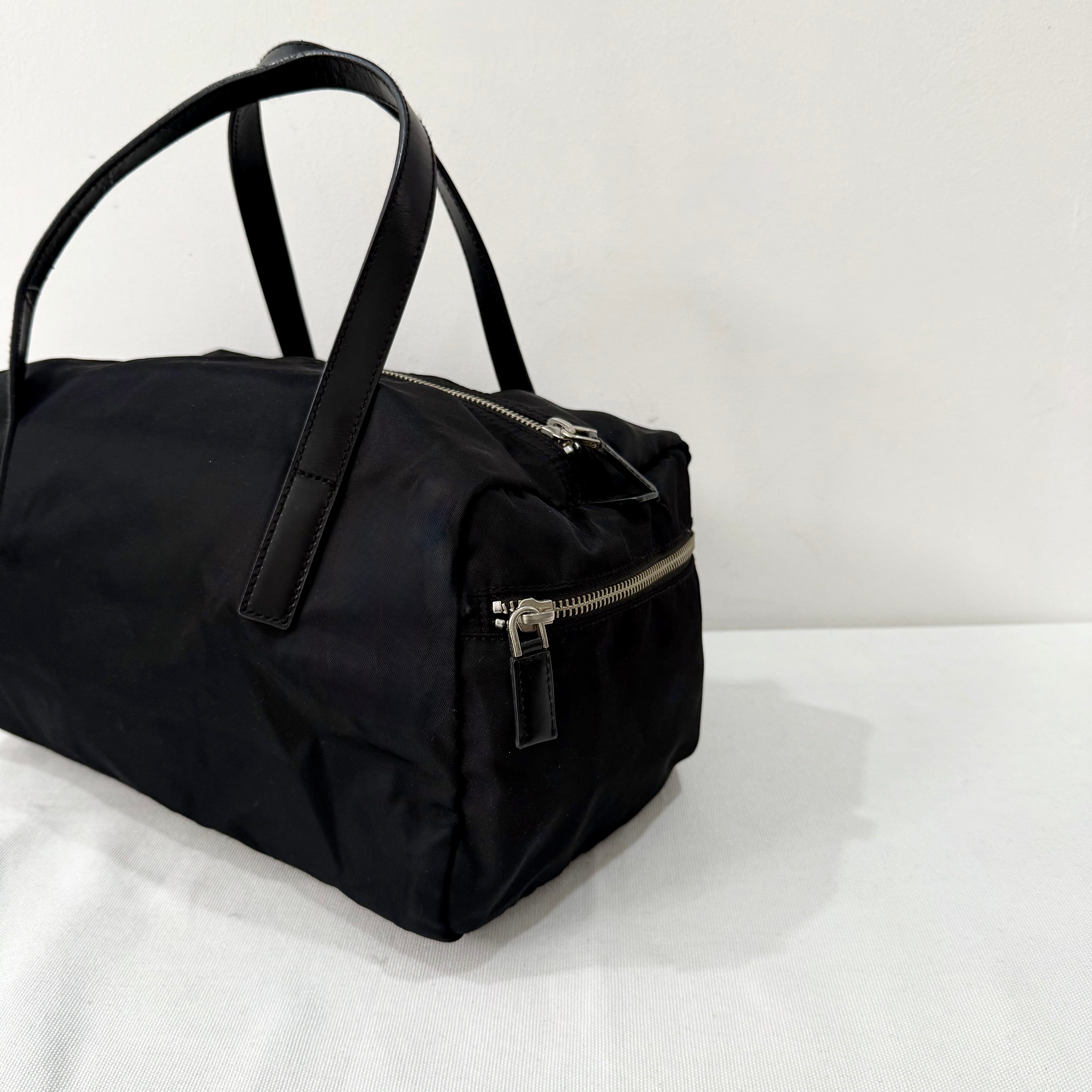Prada Black Leather Trim Nylon Tessuto Bauletto Bowler Bag