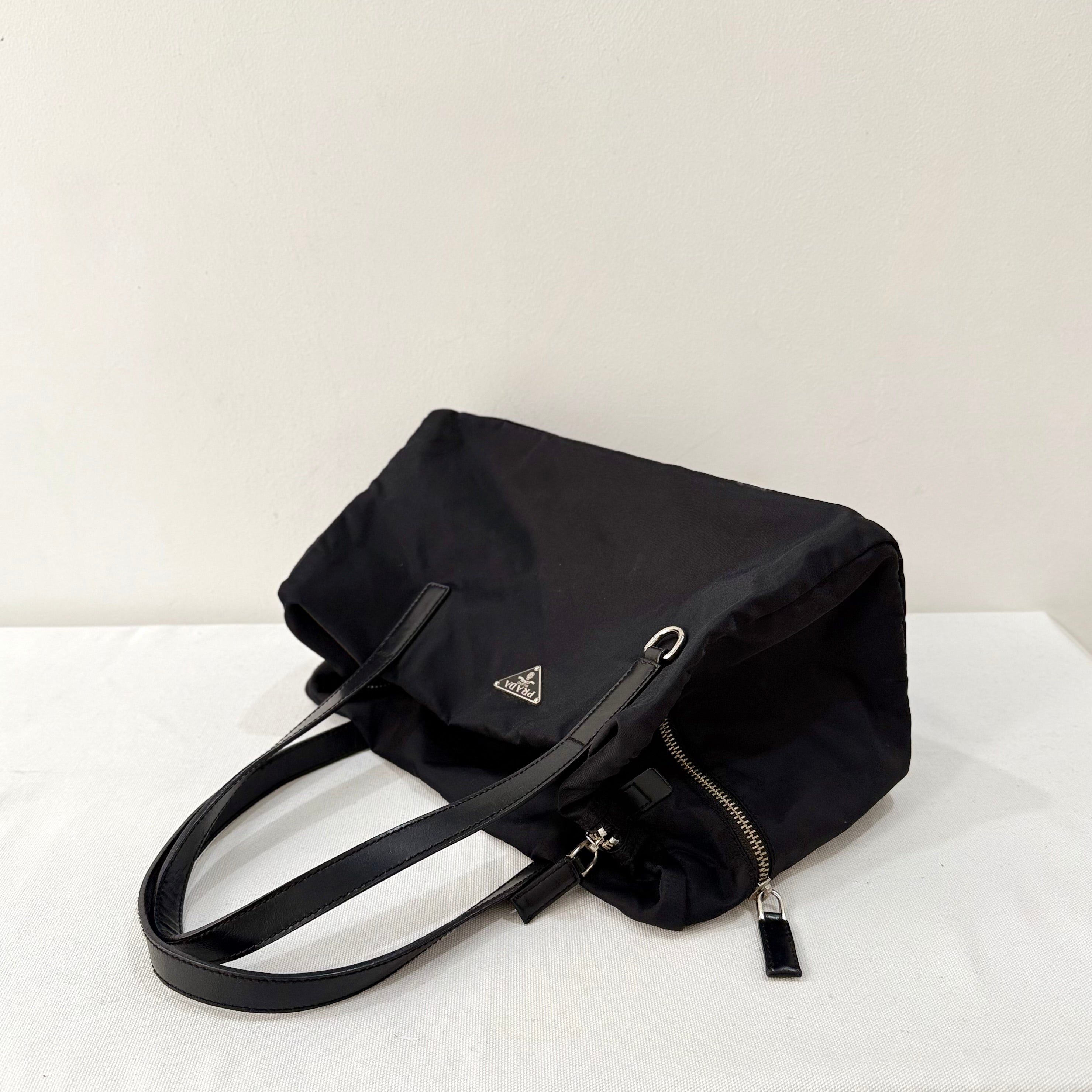 Prada Black Leather Trim Nylon Tessuto Bauletto Bowler Bag