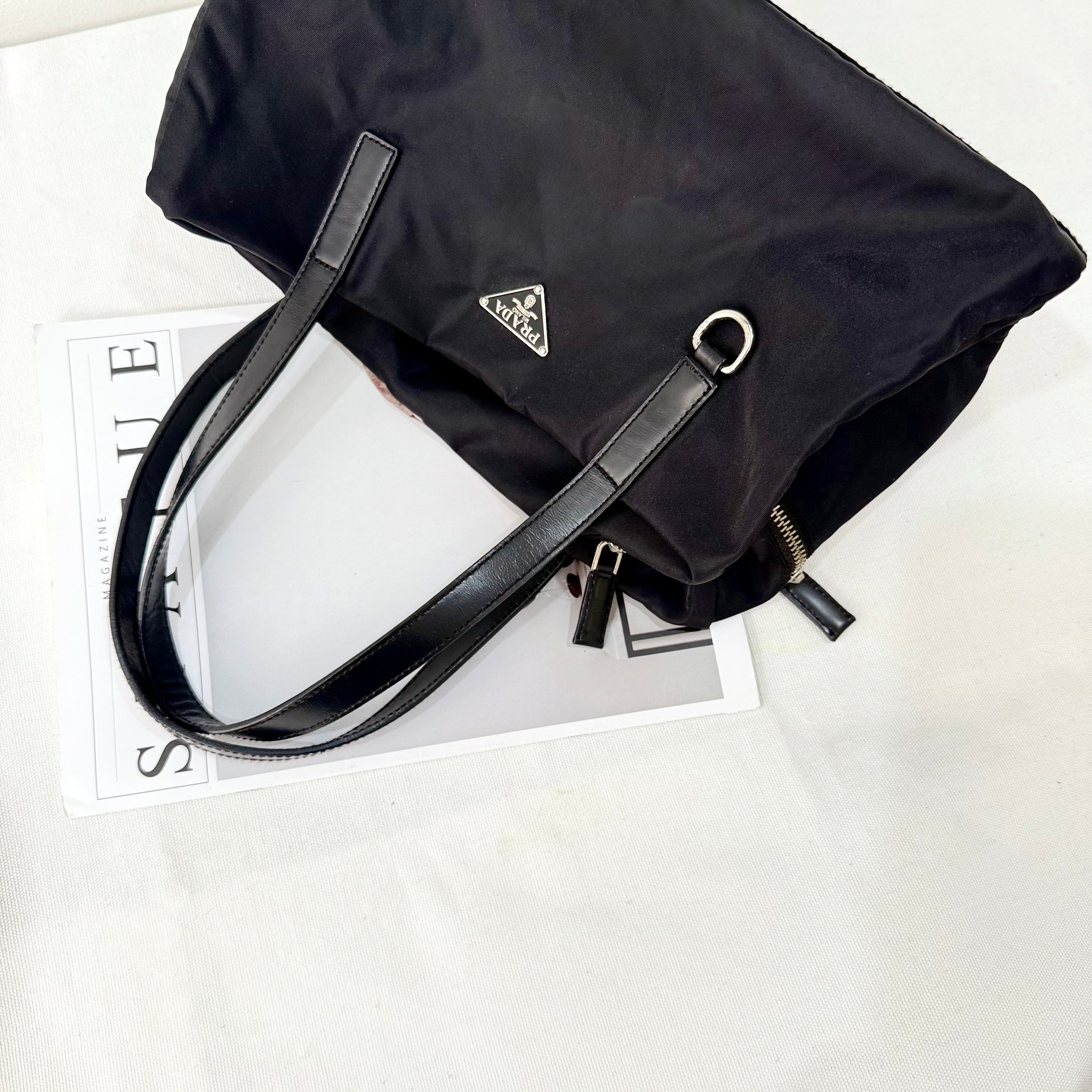 Prada Black Leather Trim Nylon Tessuto Bauletto Bowler Bag