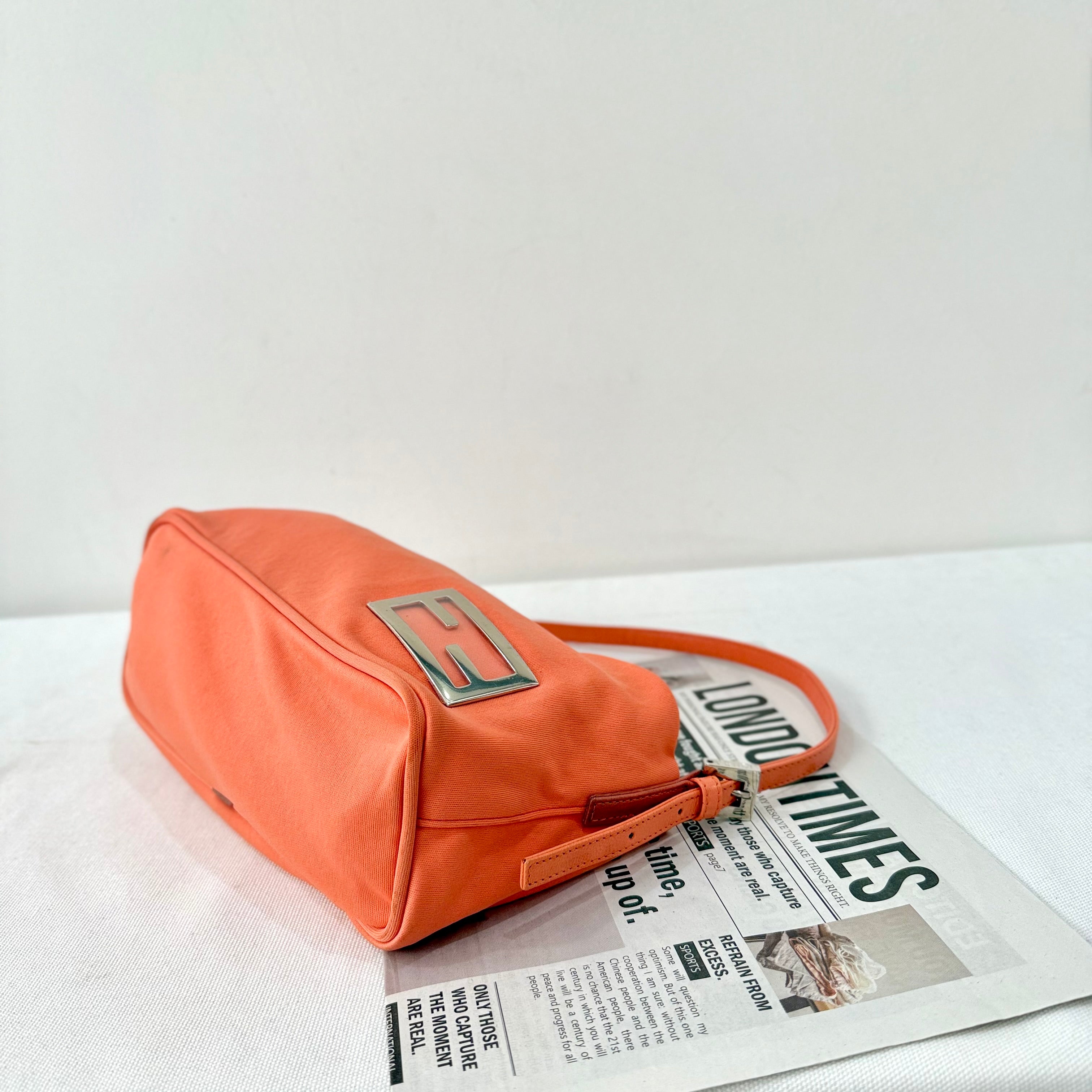 Fendi Orange Baguette Handbag Metal Logo