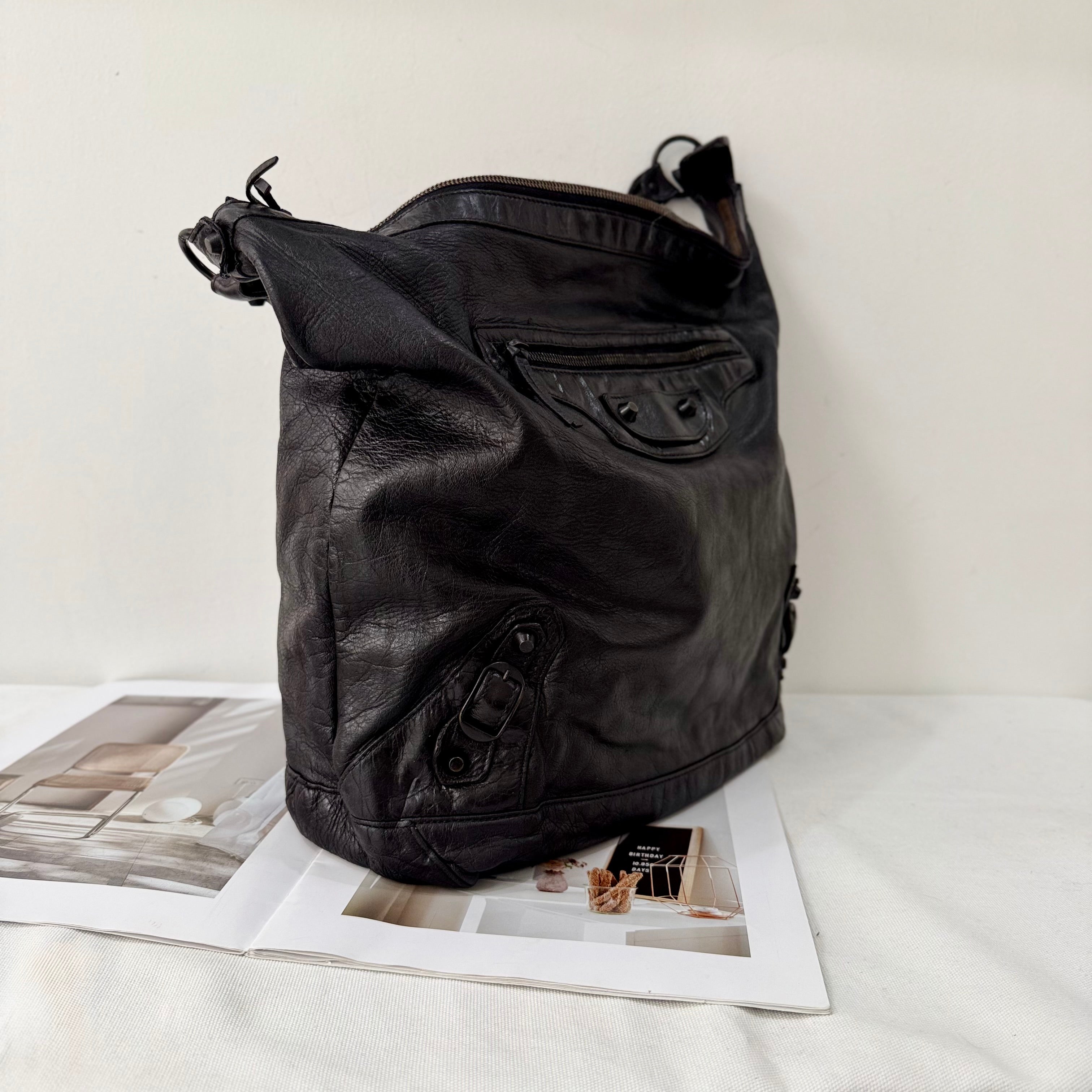 Balenciaga Day Hobo Motorcycle Bag in Black
