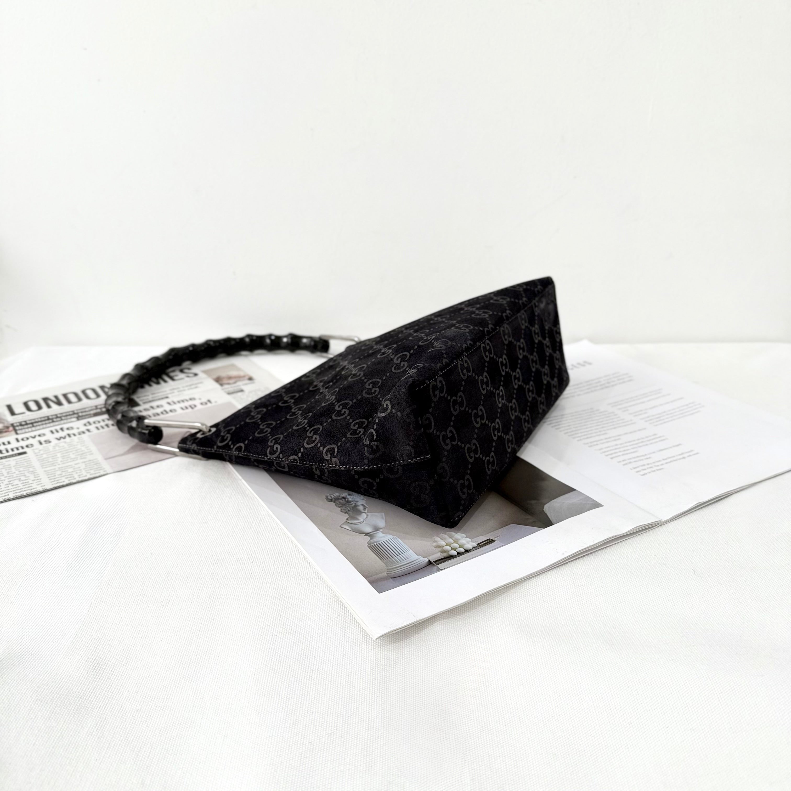 Gucci Black Bamboo Handle Suede Shoulder Bag