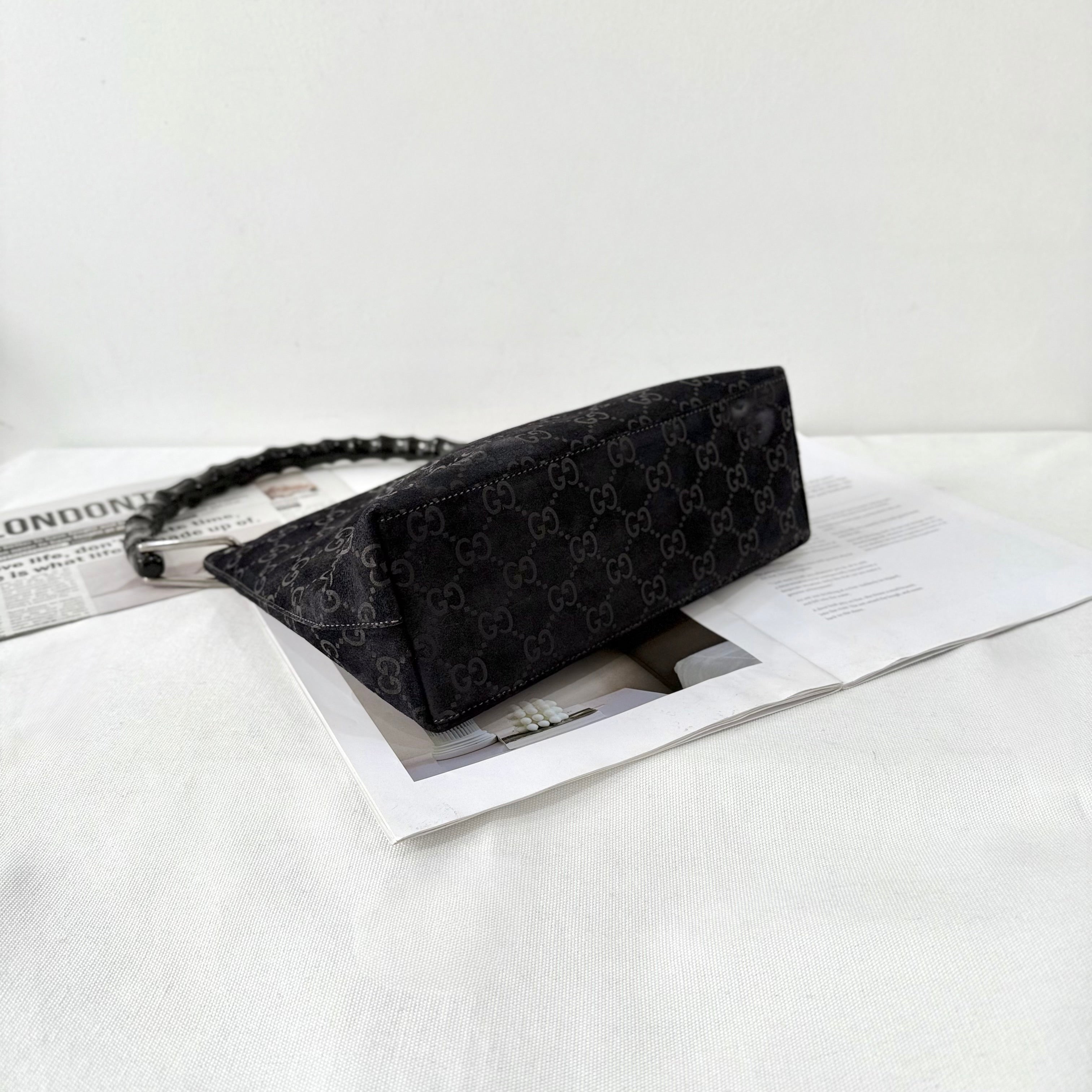 Gucci Black Bamboo Handle Suede Shoulder Bag