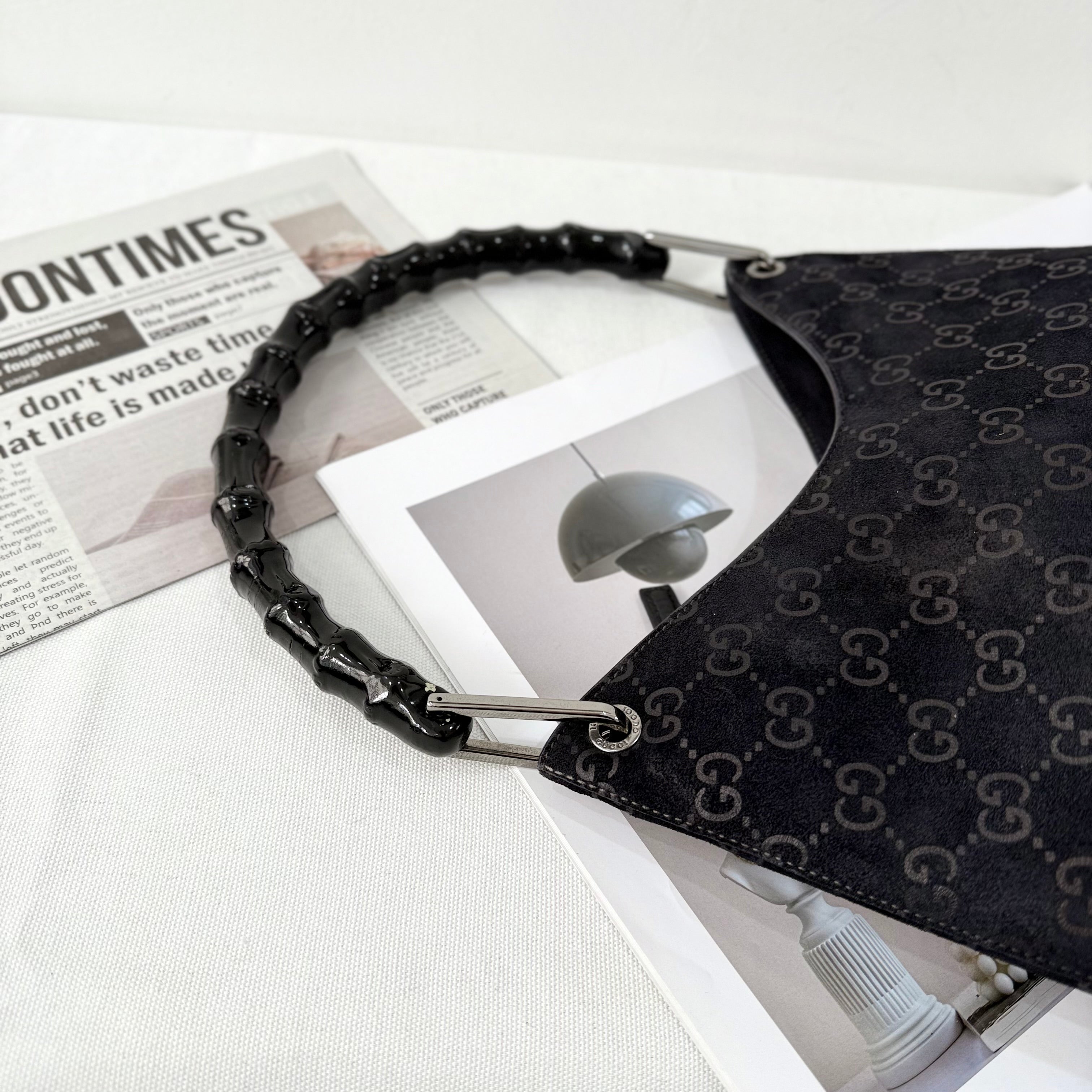 Gucci Black Bamboo Handle Suede Shoulder Bag