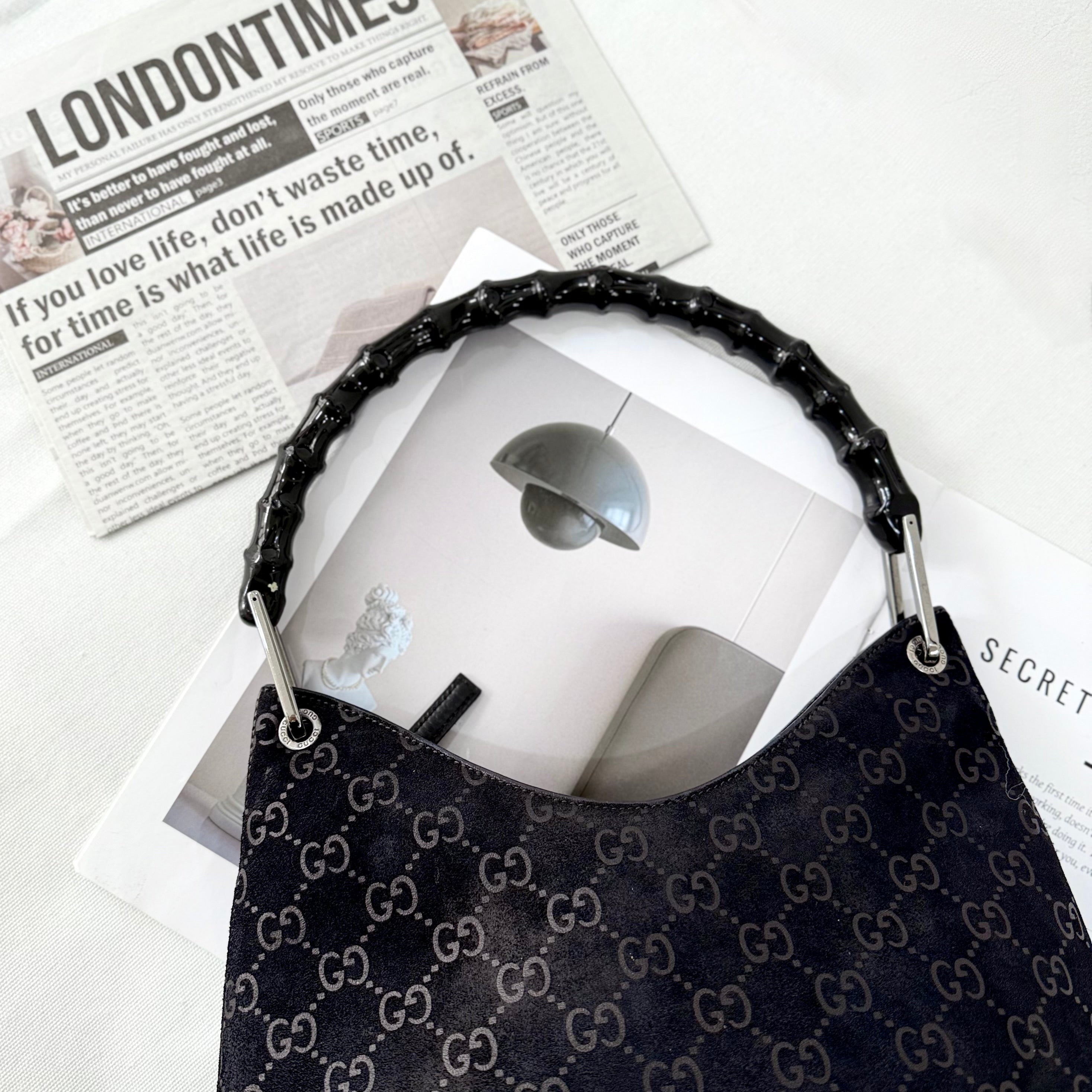 Gucci Black Bamboo Handle Suede Shoulder Bag