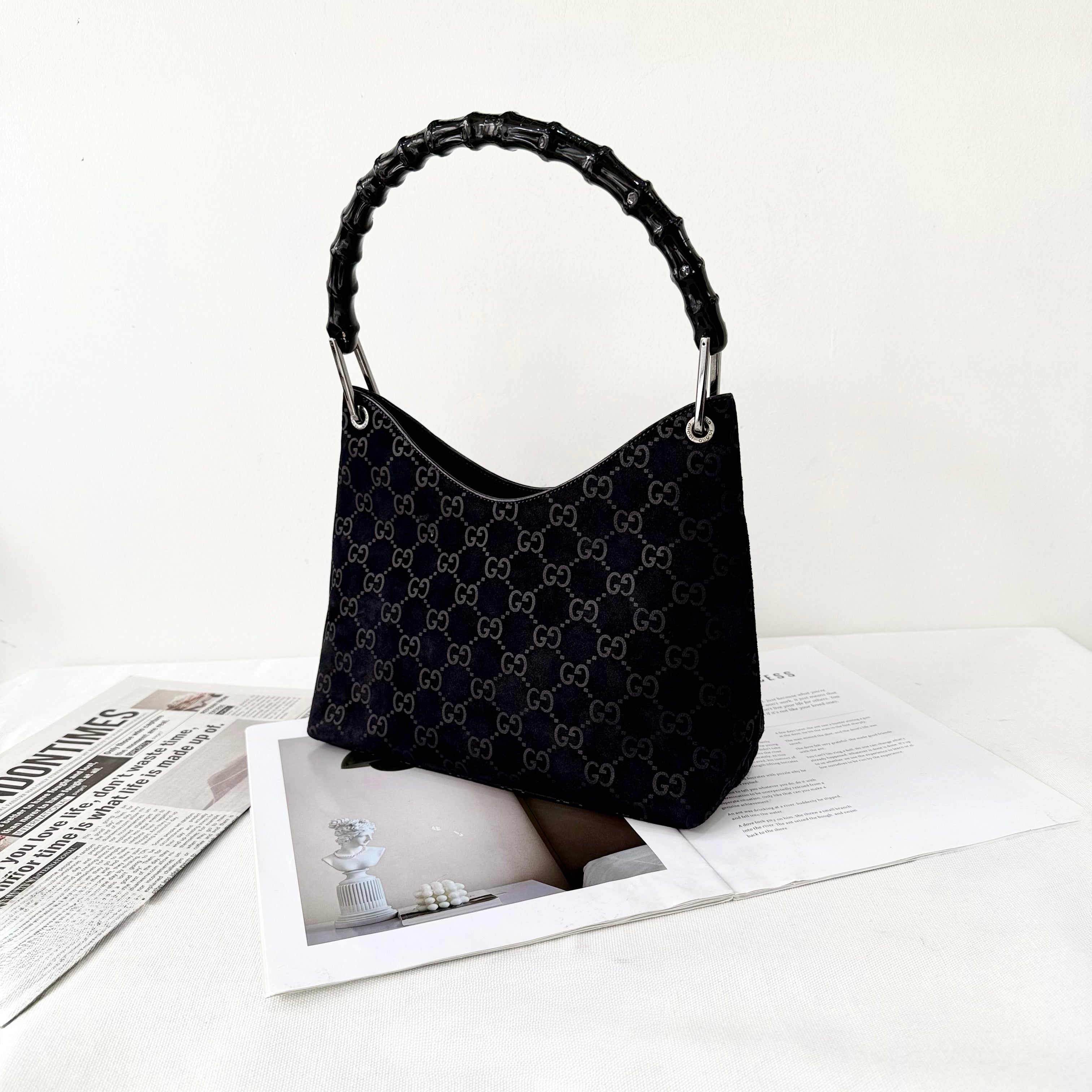 Gucci Black Bamboo Handle Suede Shoulder Bag