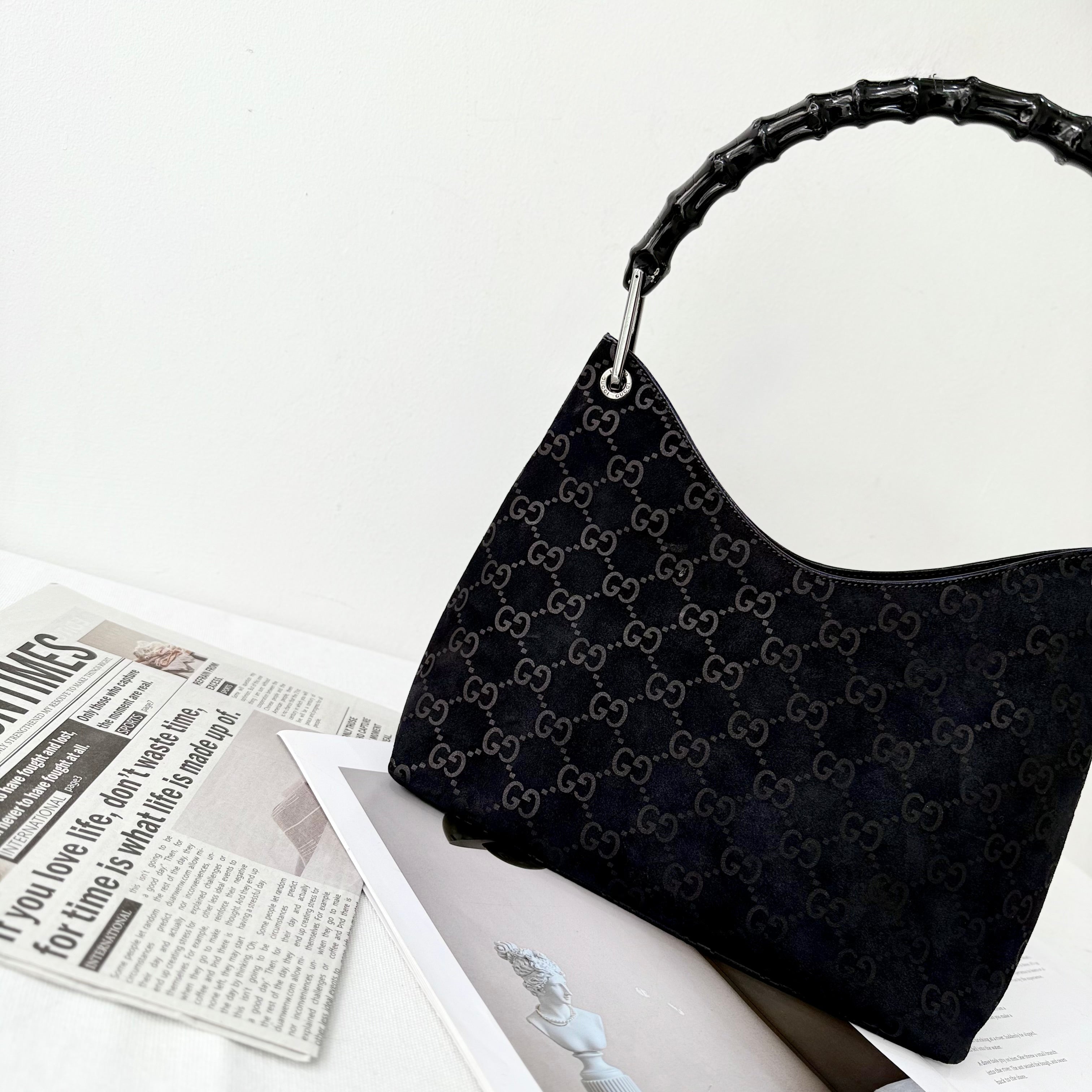 Gucci Black Bamboo Handle Suede Shoulder Bag