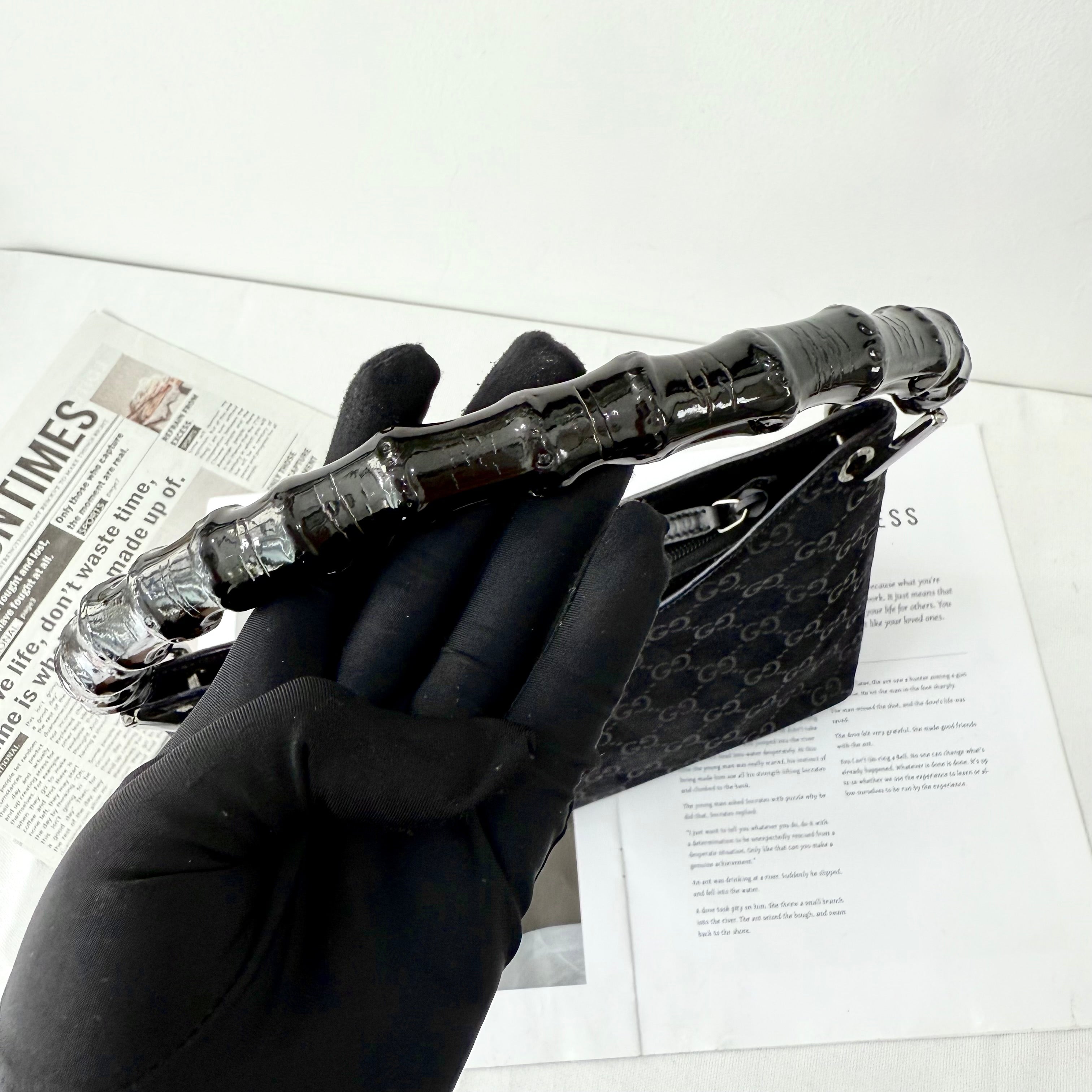 Gucci Black Bamboo Handle Suede Shoulder Bag