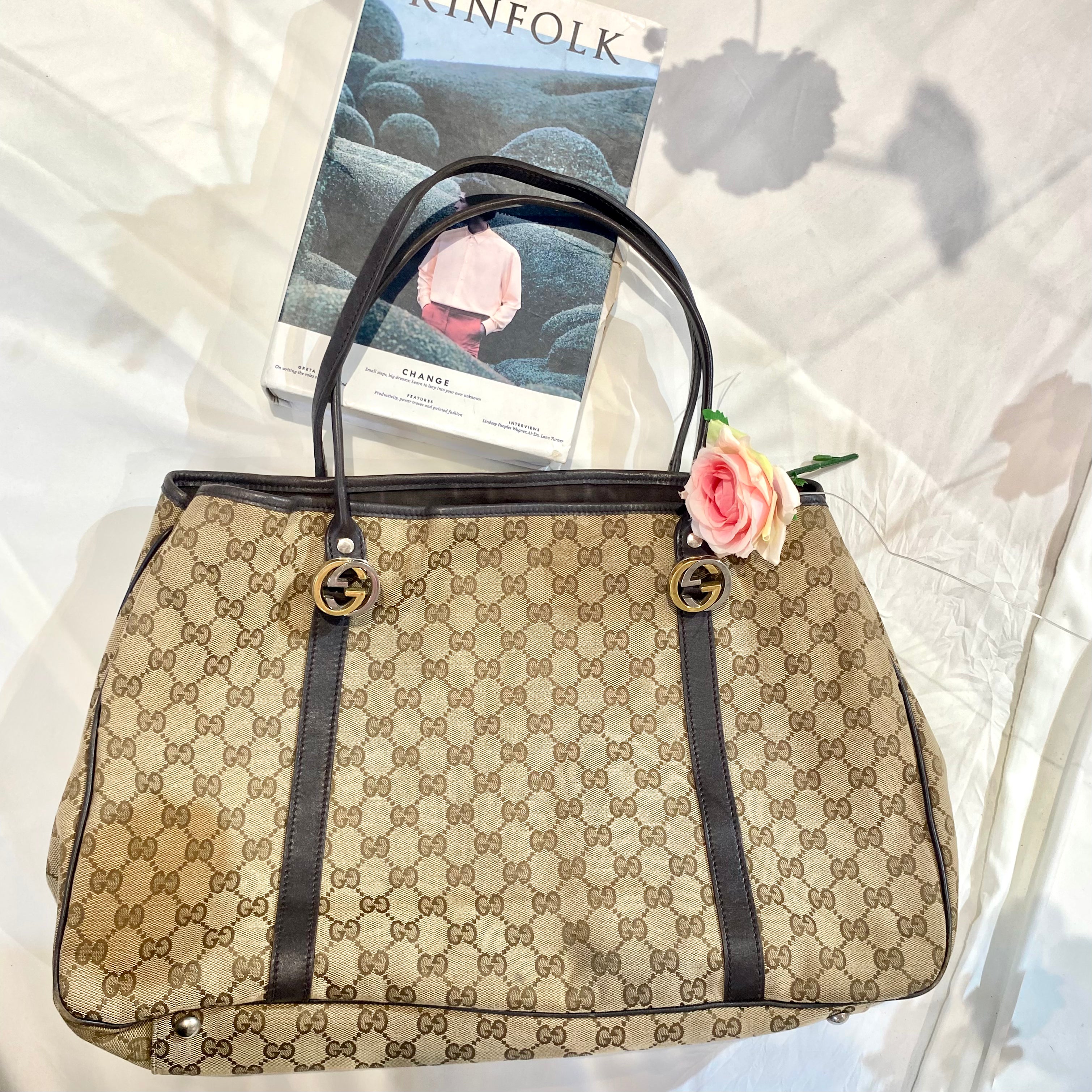 Gucci GG Canvas Twins Black Leather Tote Bag