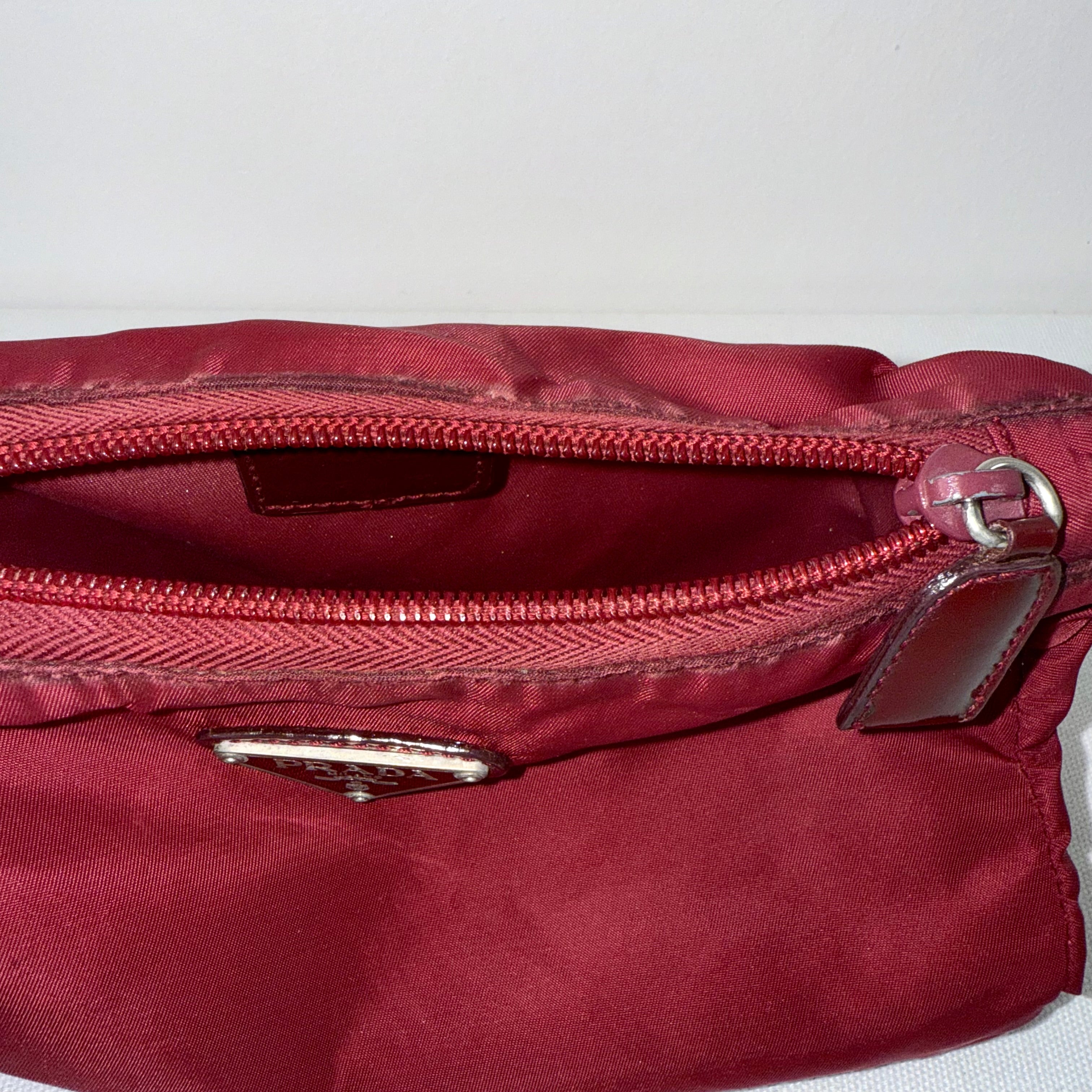 Prada Burgundy Nylon Triangle Logo Pochette Bag