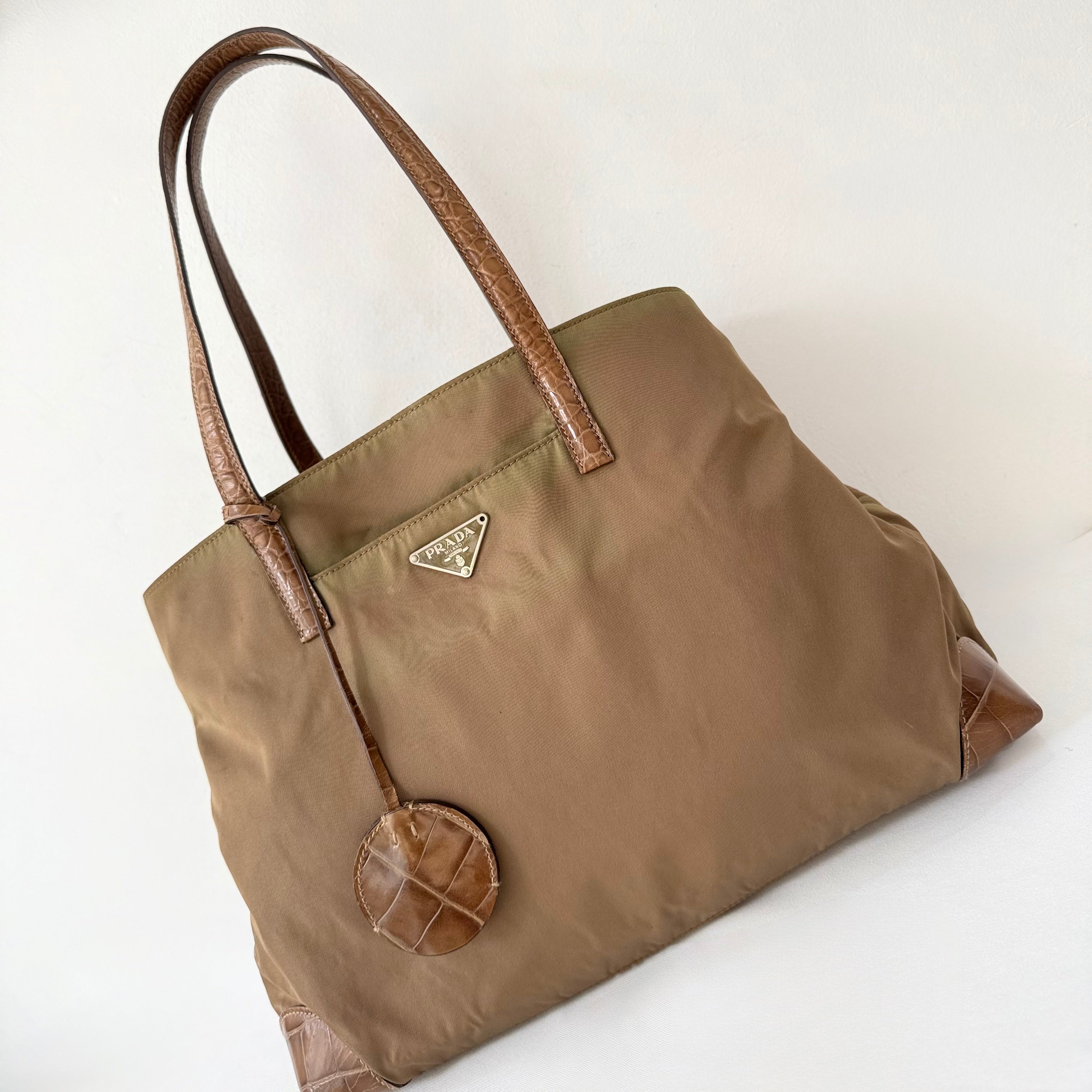 Prada Tessuto Nylon Faux Croc Tote Brown