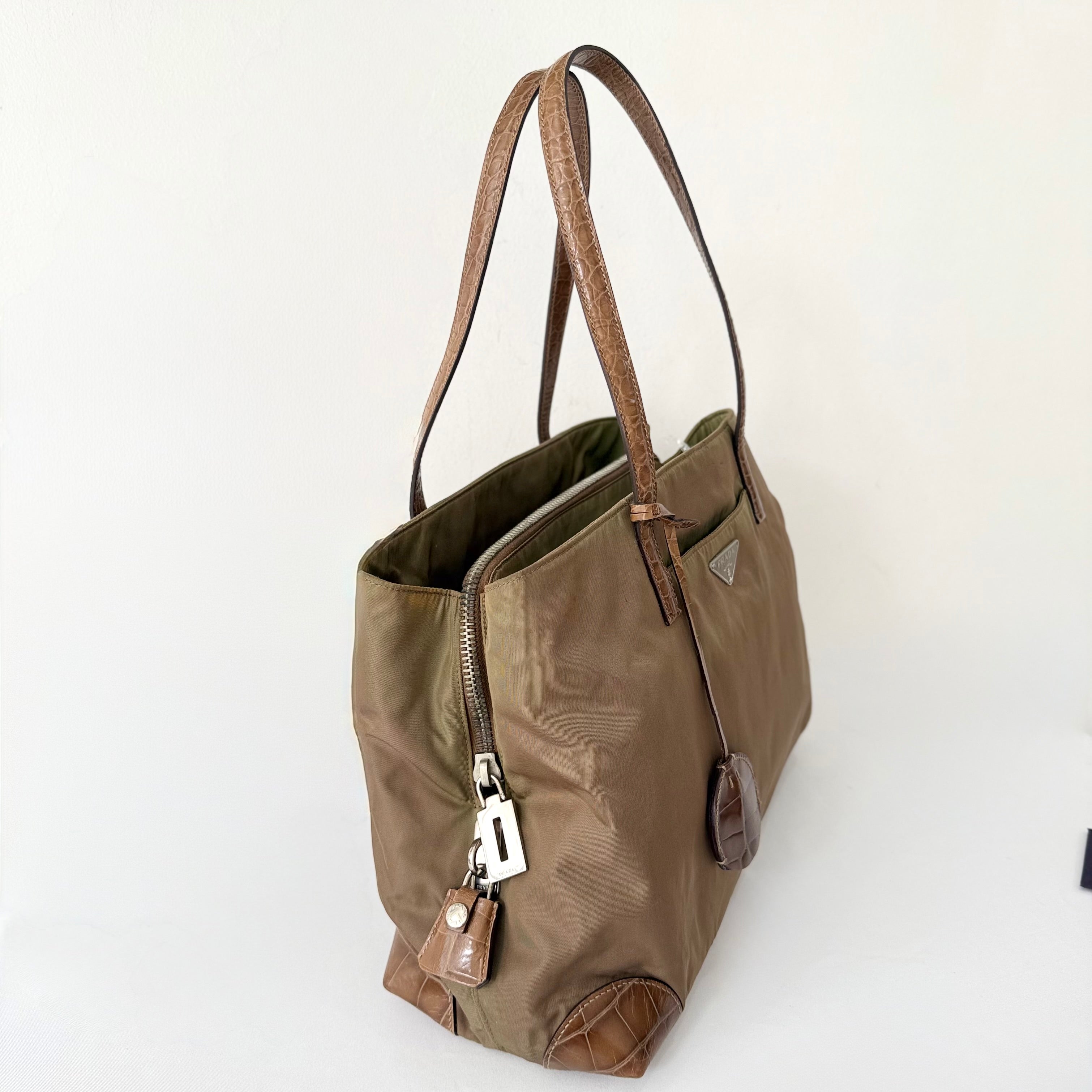 Prada Tessuto Nylon Faux Croc Tote Brown