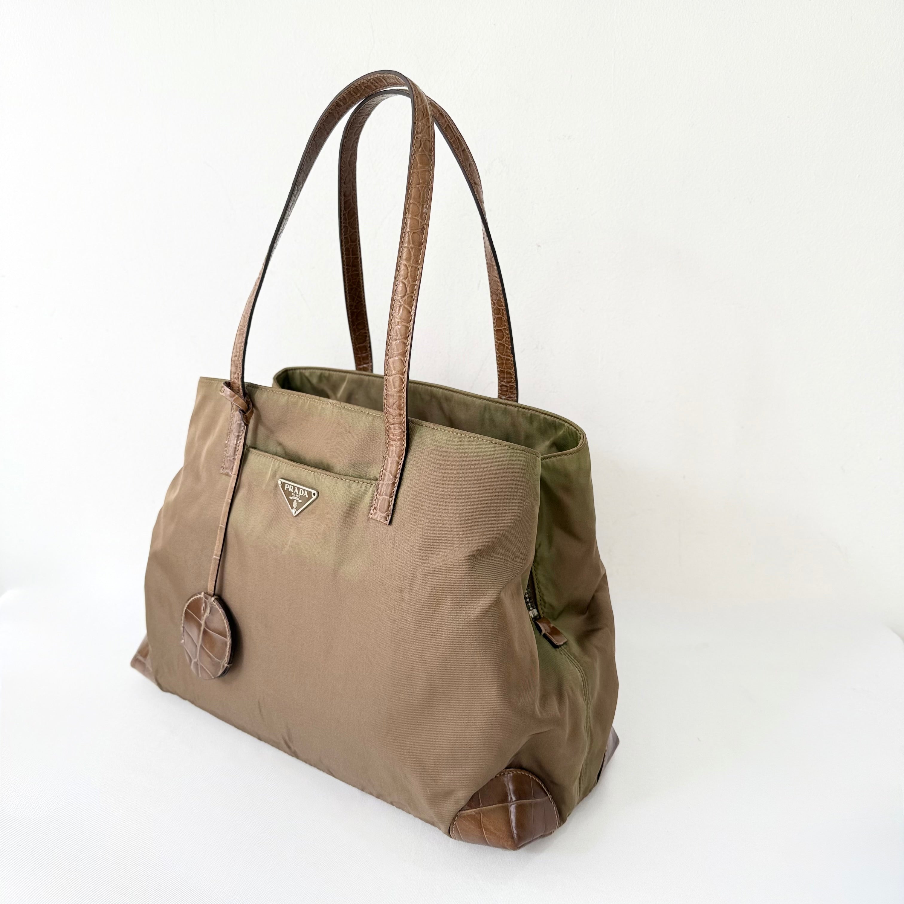 Prada Tessuto Nylon Faux Croc Tote Brown