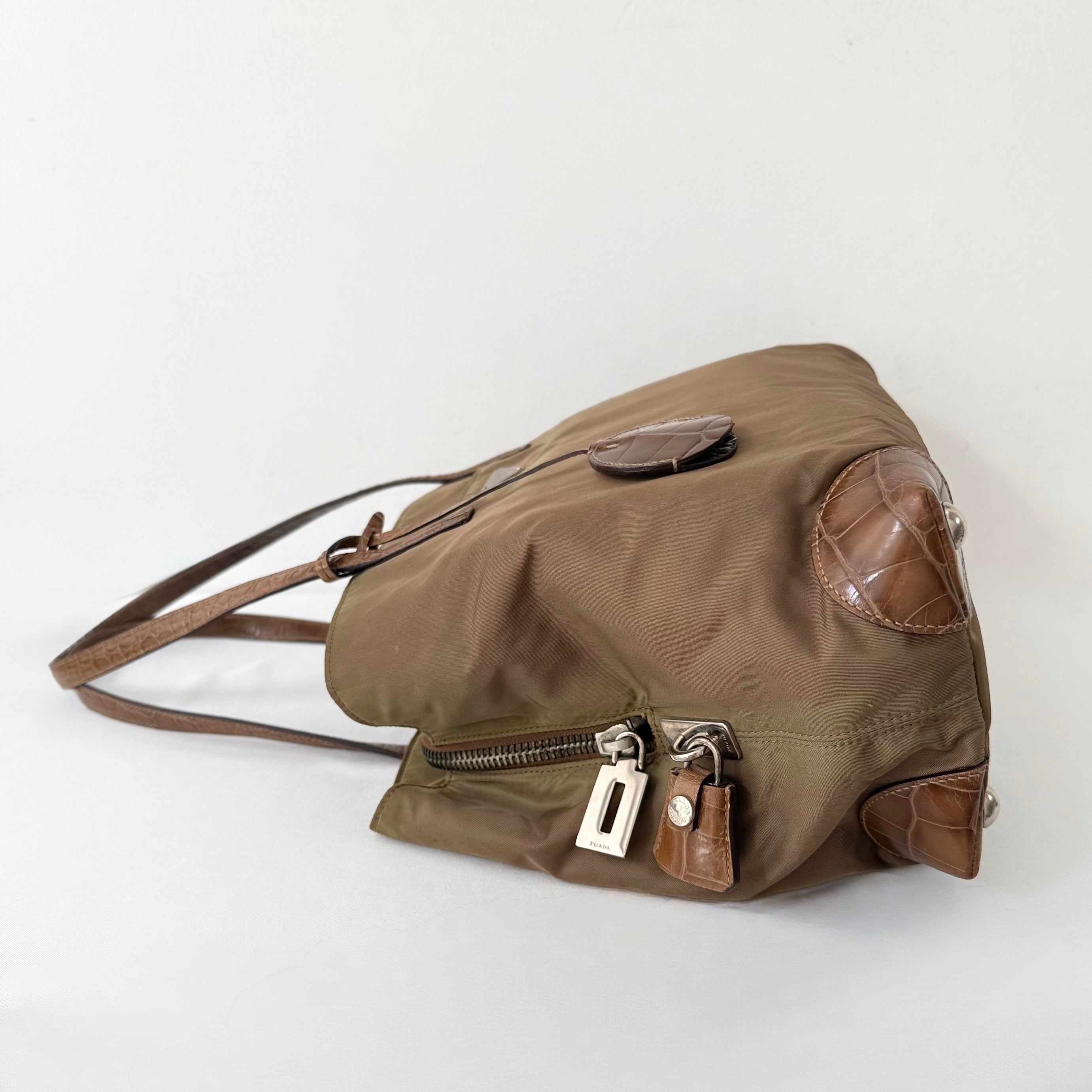 Prada Tessuto Nylon Faux Croc Tote Brown