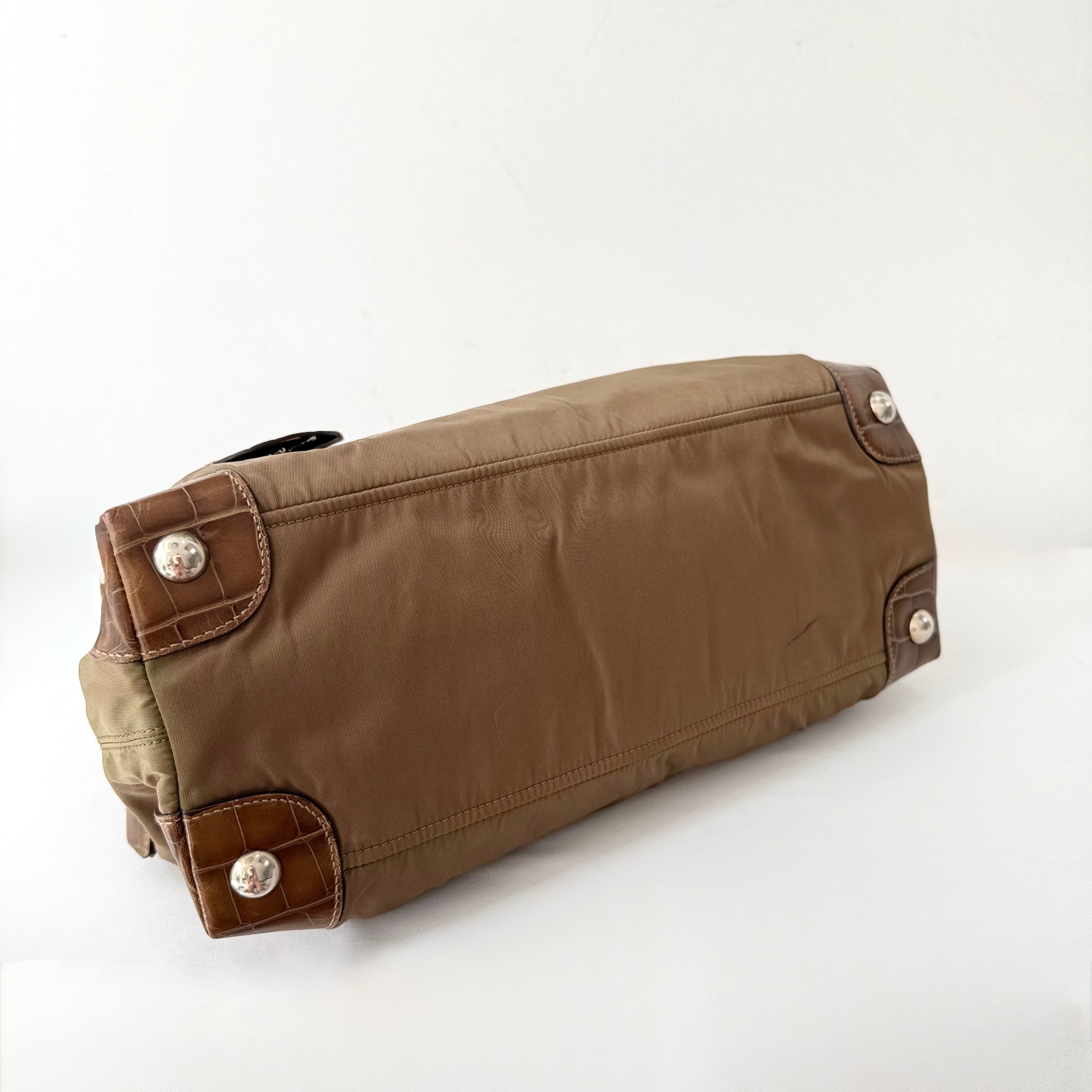 Prada Tessuto Nylon Faux Croc Tote Brown