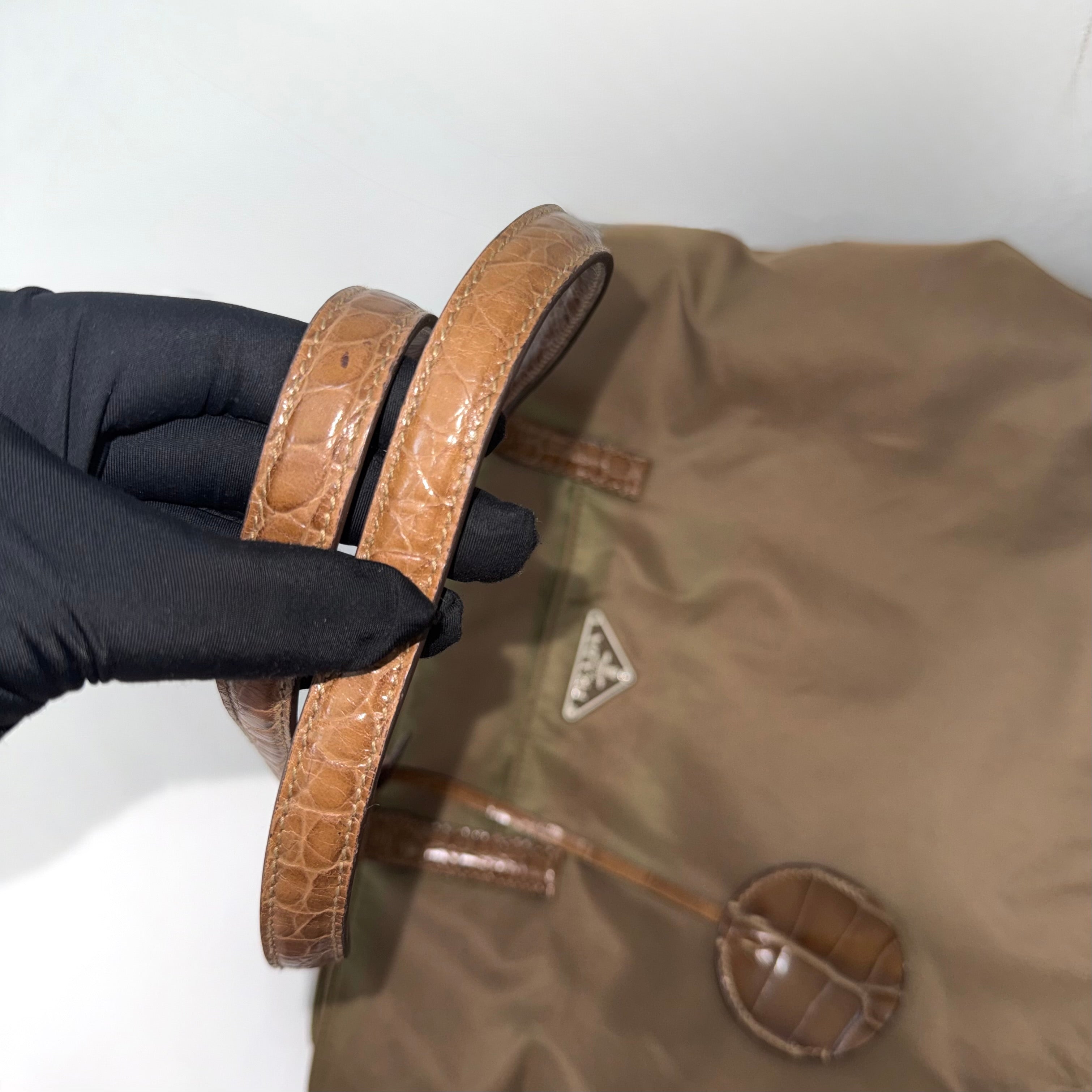 Prada Tessuto Nylon Faux Croc Tote Brown