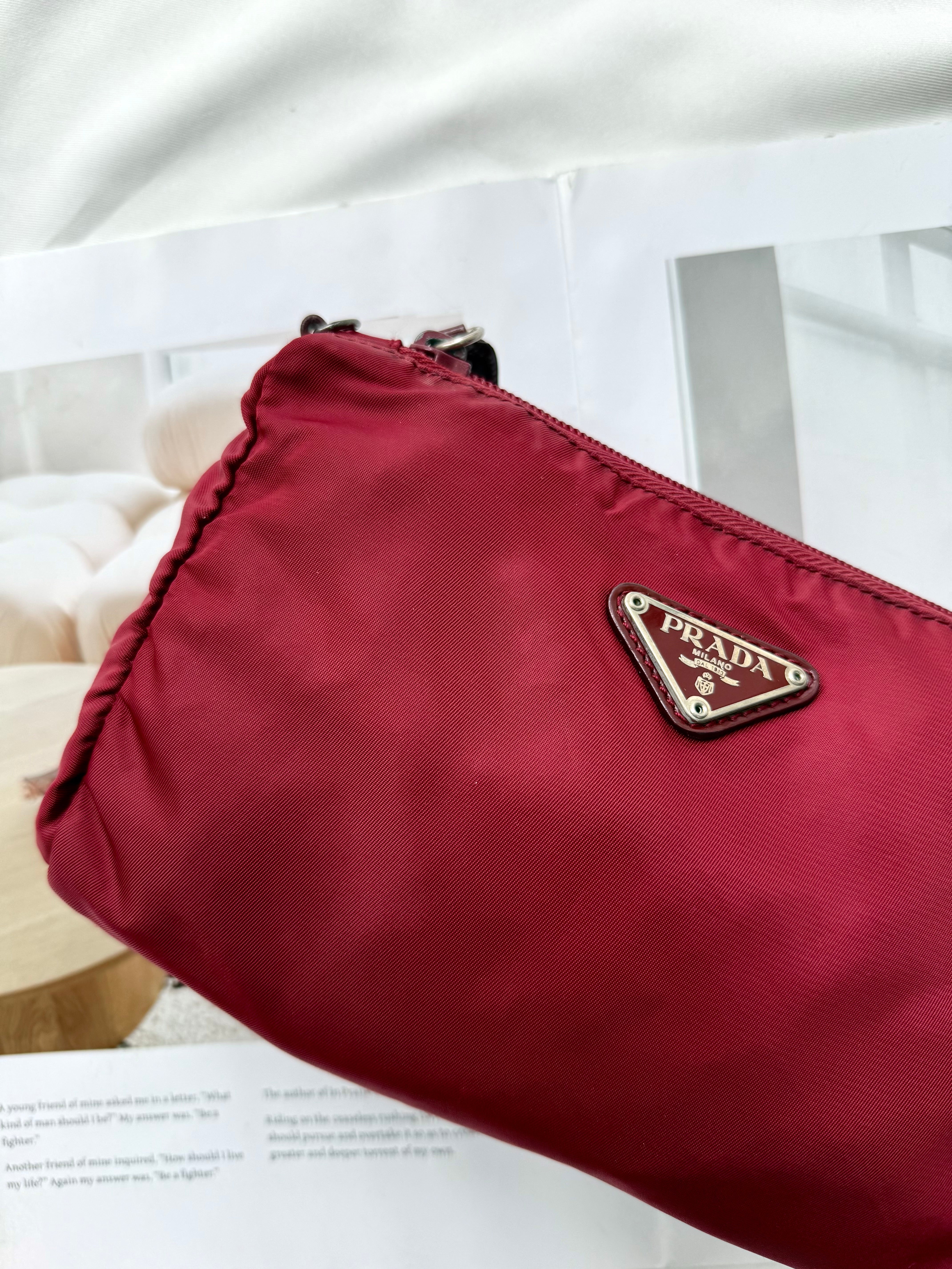 Prada Burgundy Nylon Triangle Logo Pochette Bag