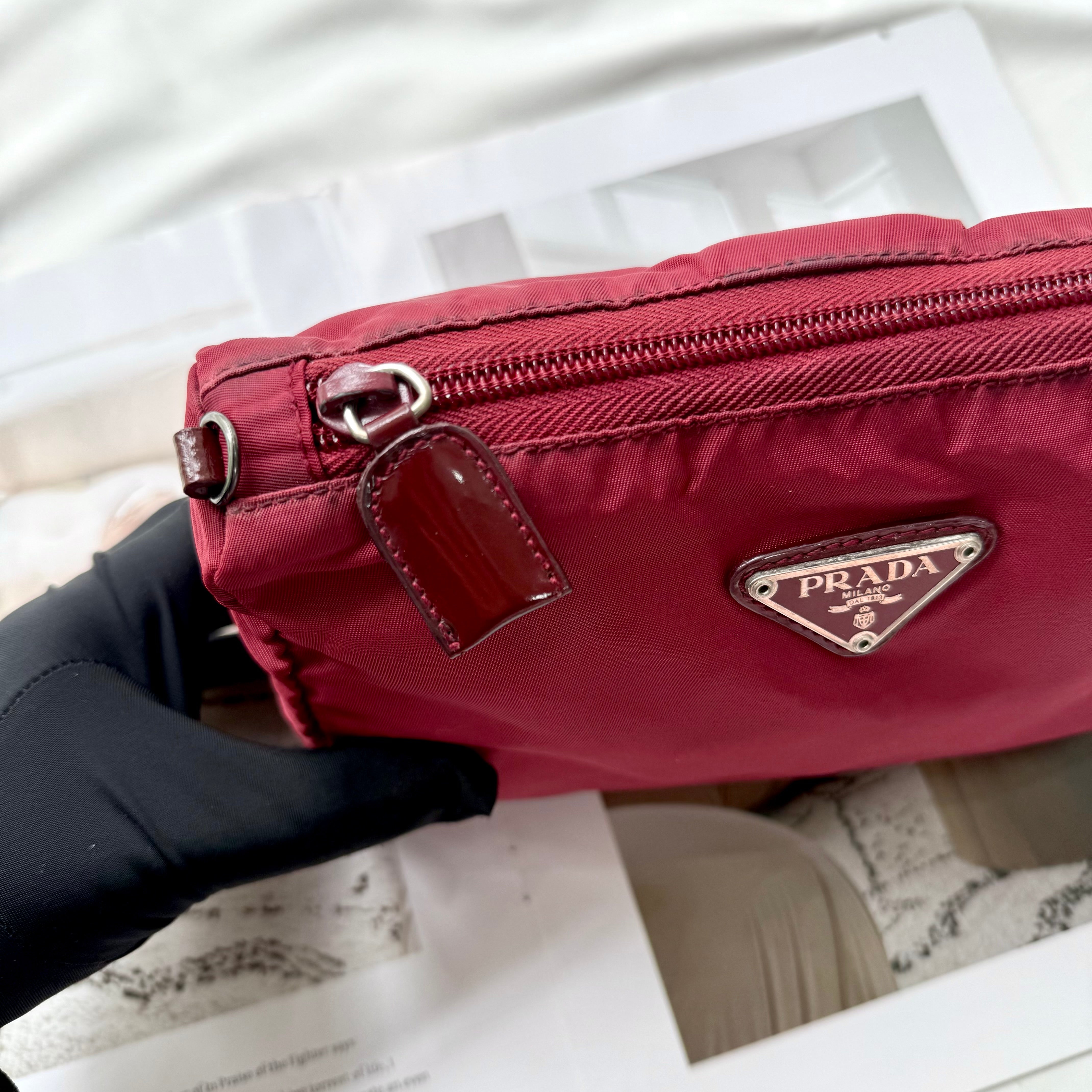 Prada Burgundy Nylon Triangle Logo Pochette Bag