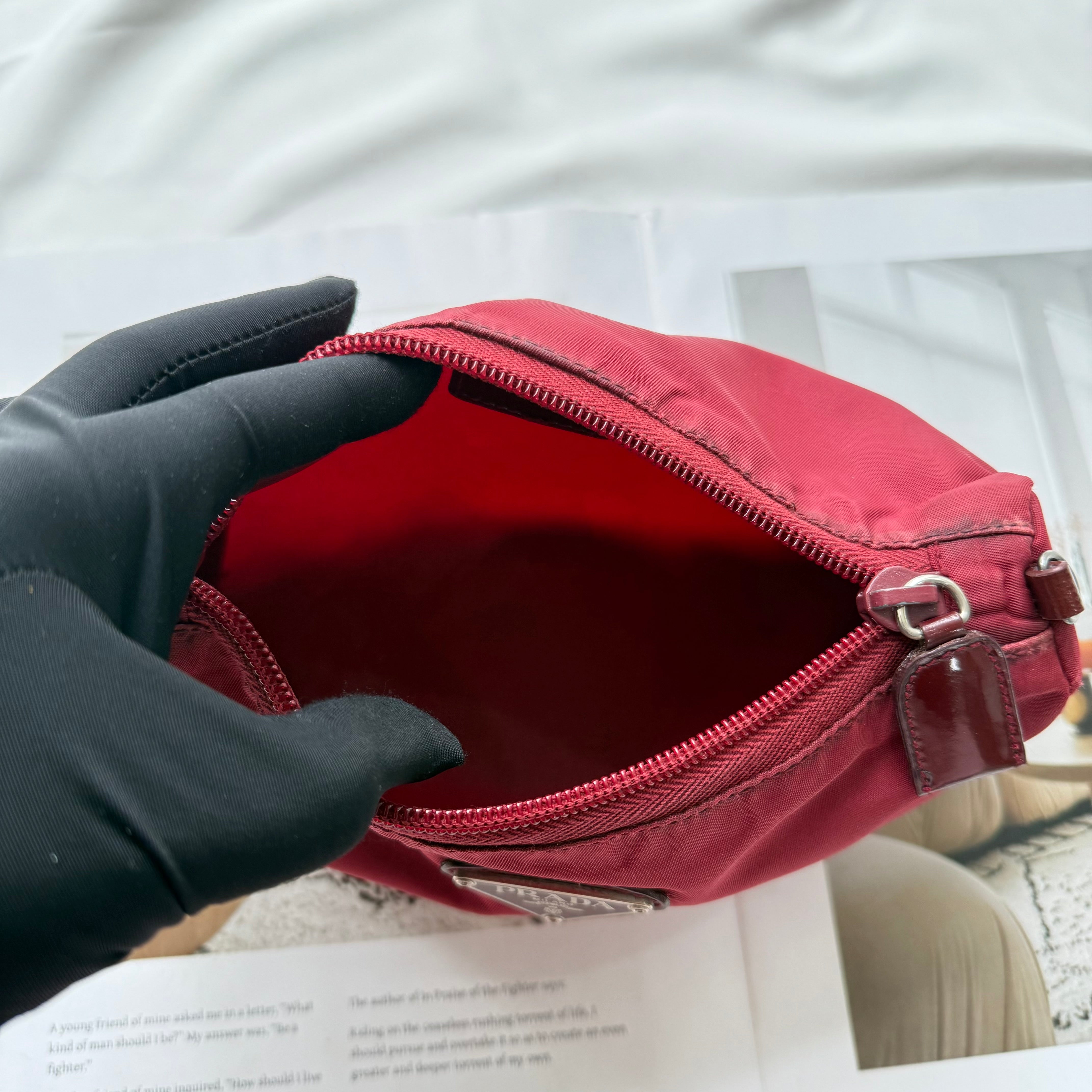 Prada Burgundy Nylon Triangle Logo Pochette Bag
