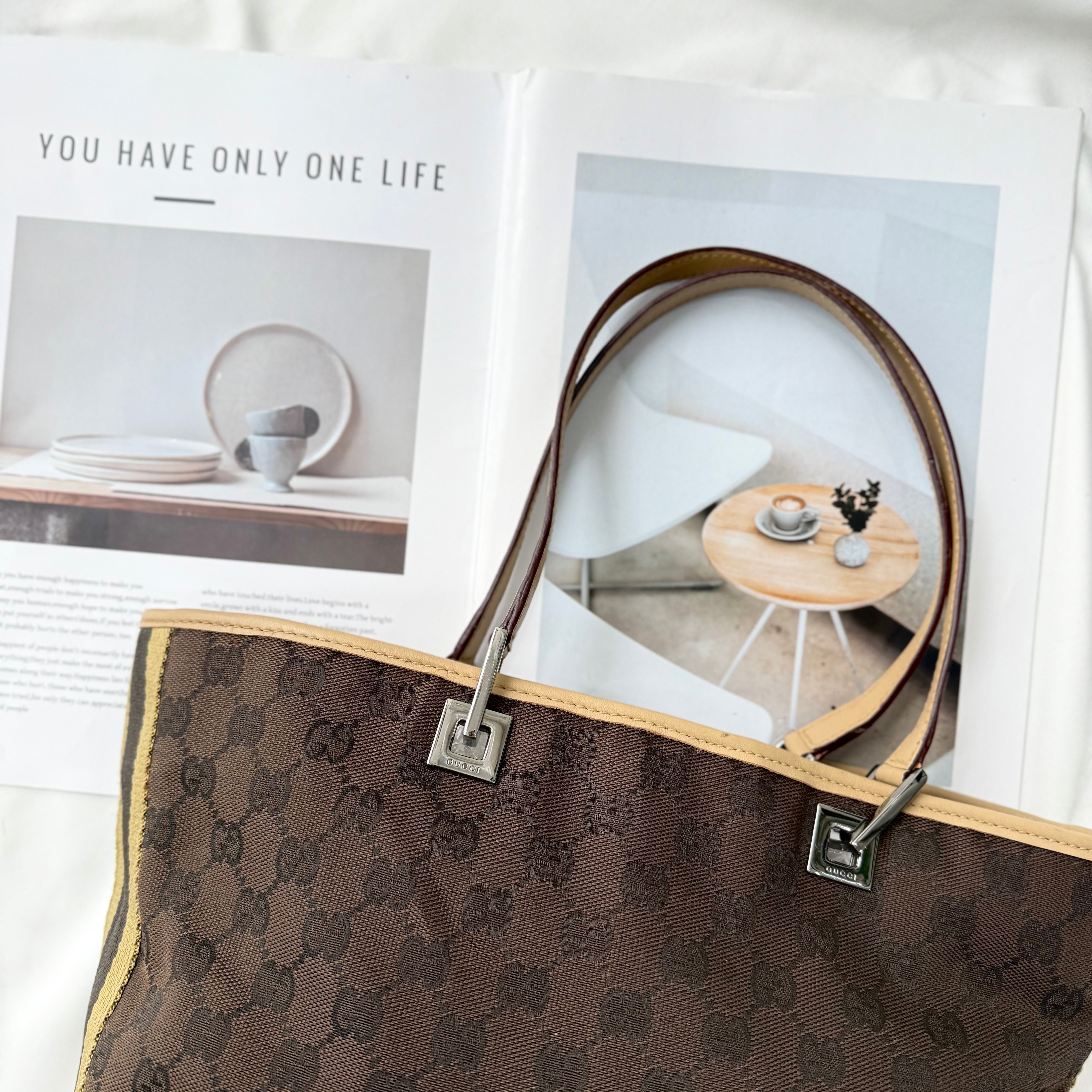 Gucci Brown GG Canvas Web Bucket Tote Bag