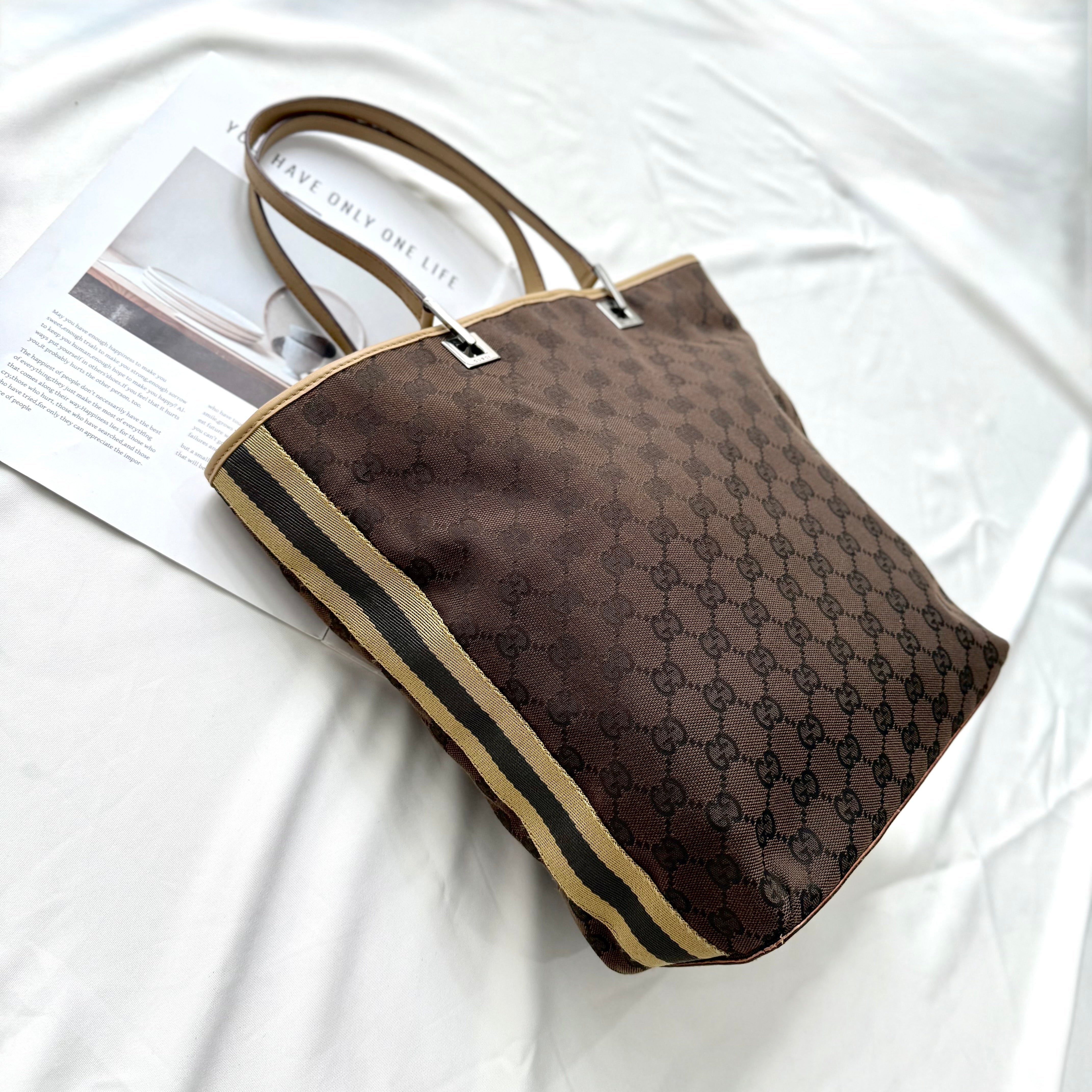 Gucci Brown GG Canvas Web Bucket Tote Bag