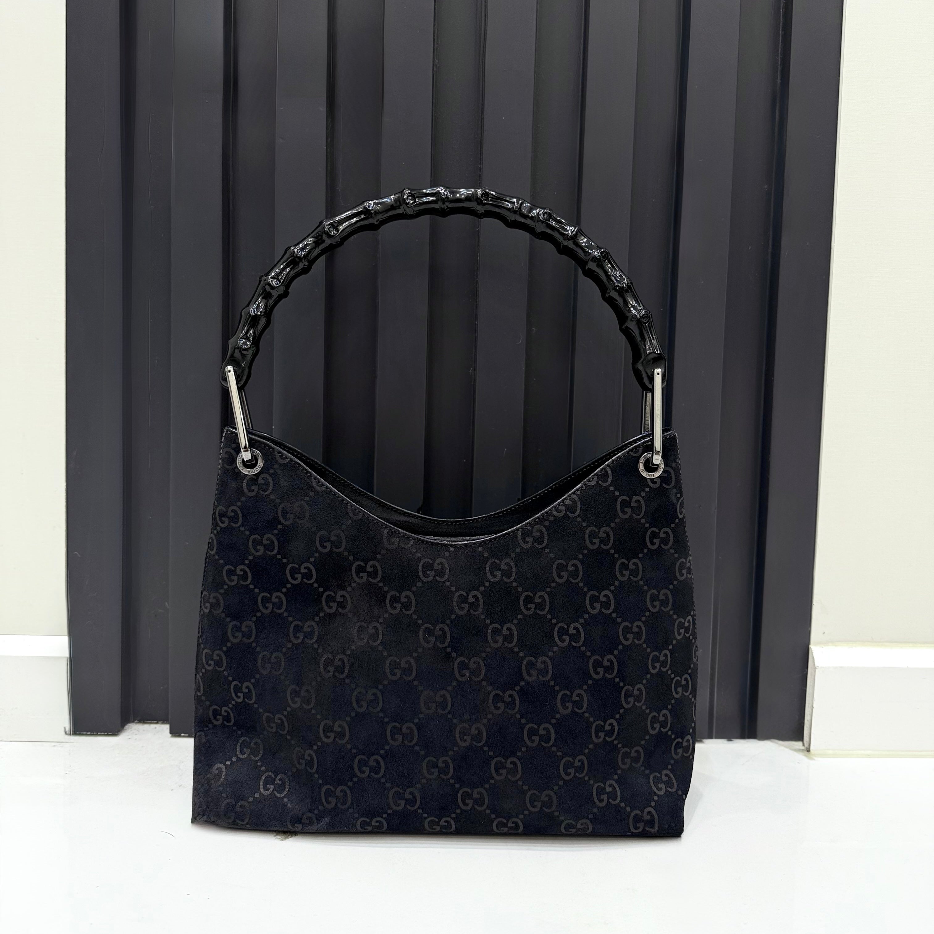 Gucci Black Bamboo Handle Suede Shoulder Bag