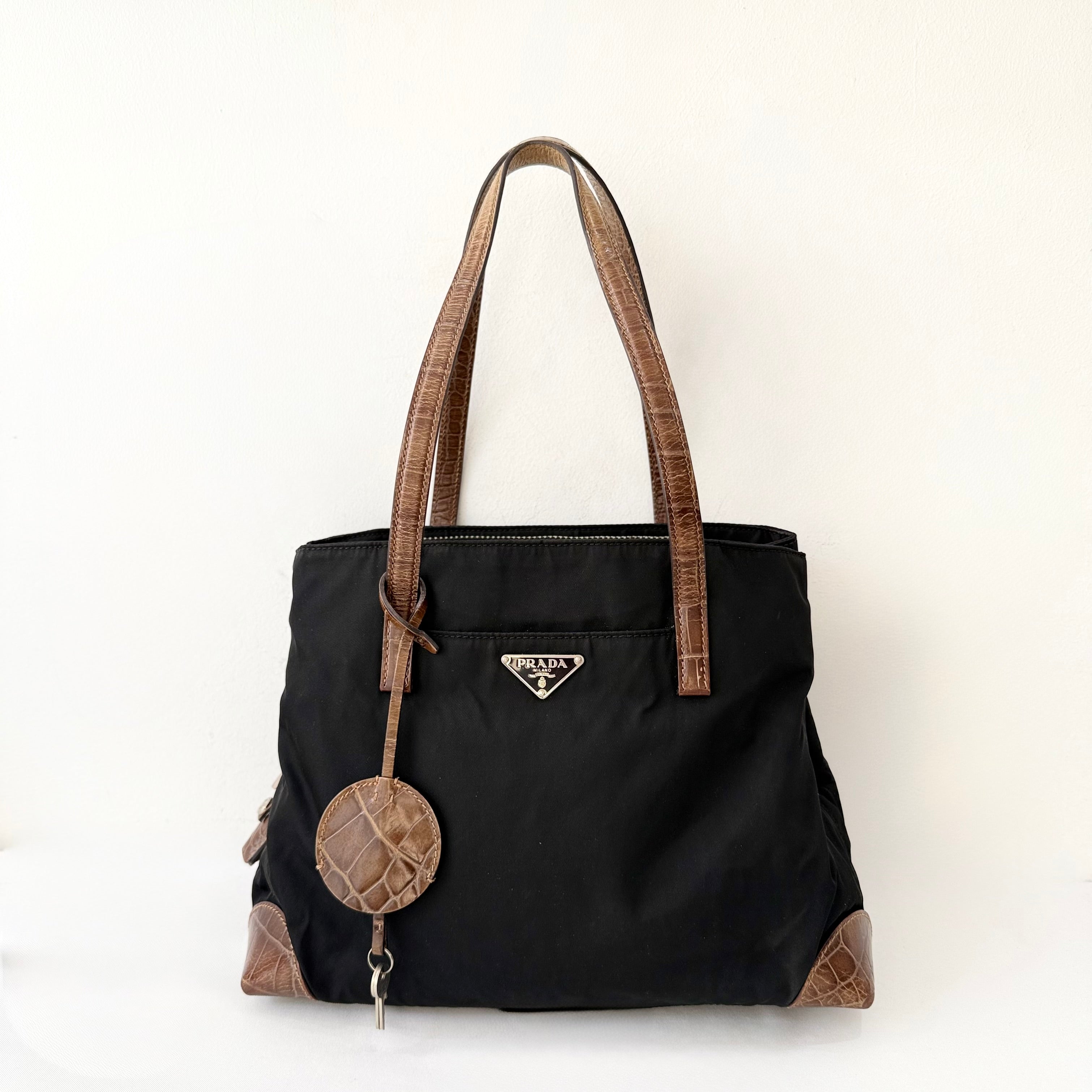 Prada Tessuto Nylon Faux Croc Tote Black