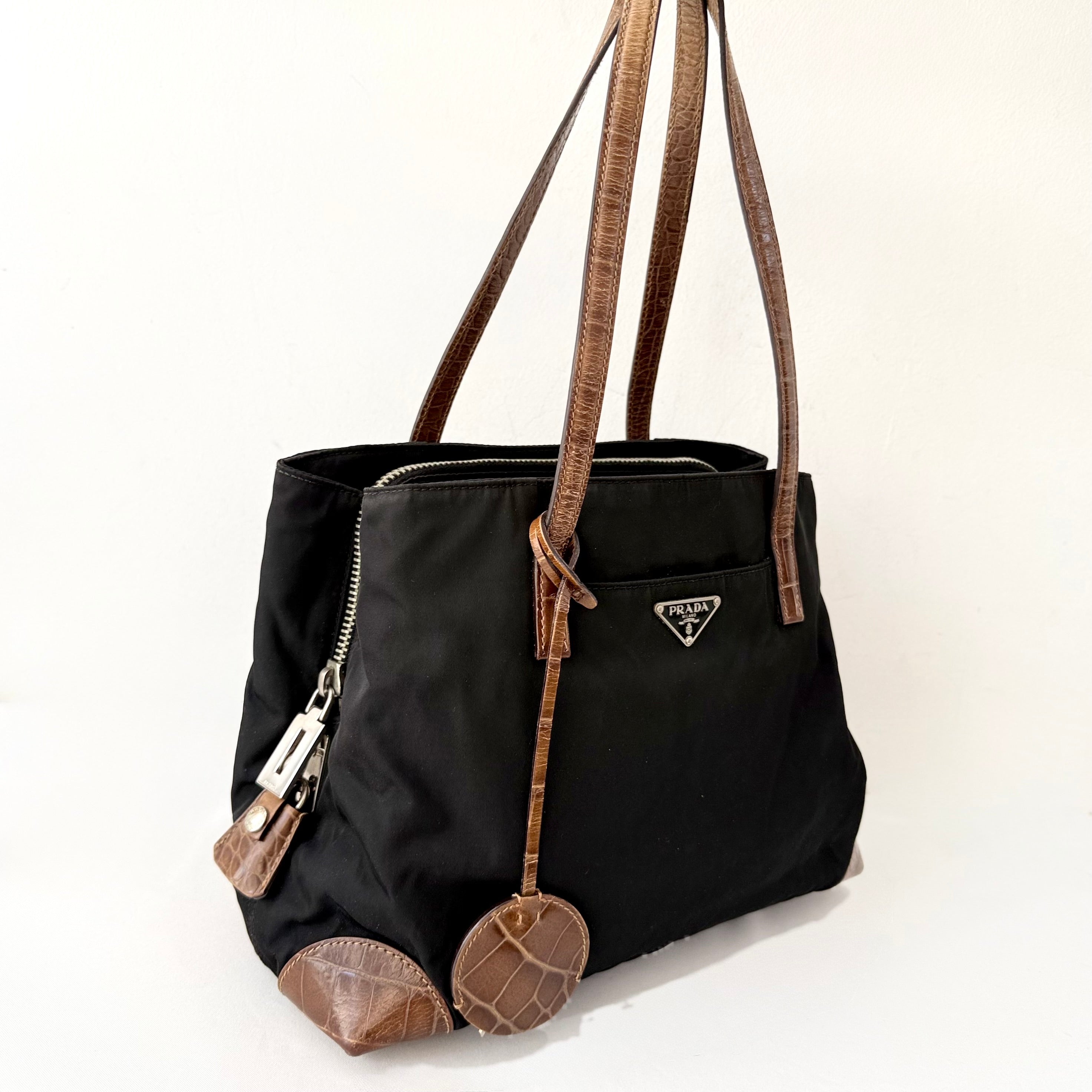 Prada Tessuto Nylon Faux Croc Tote Black