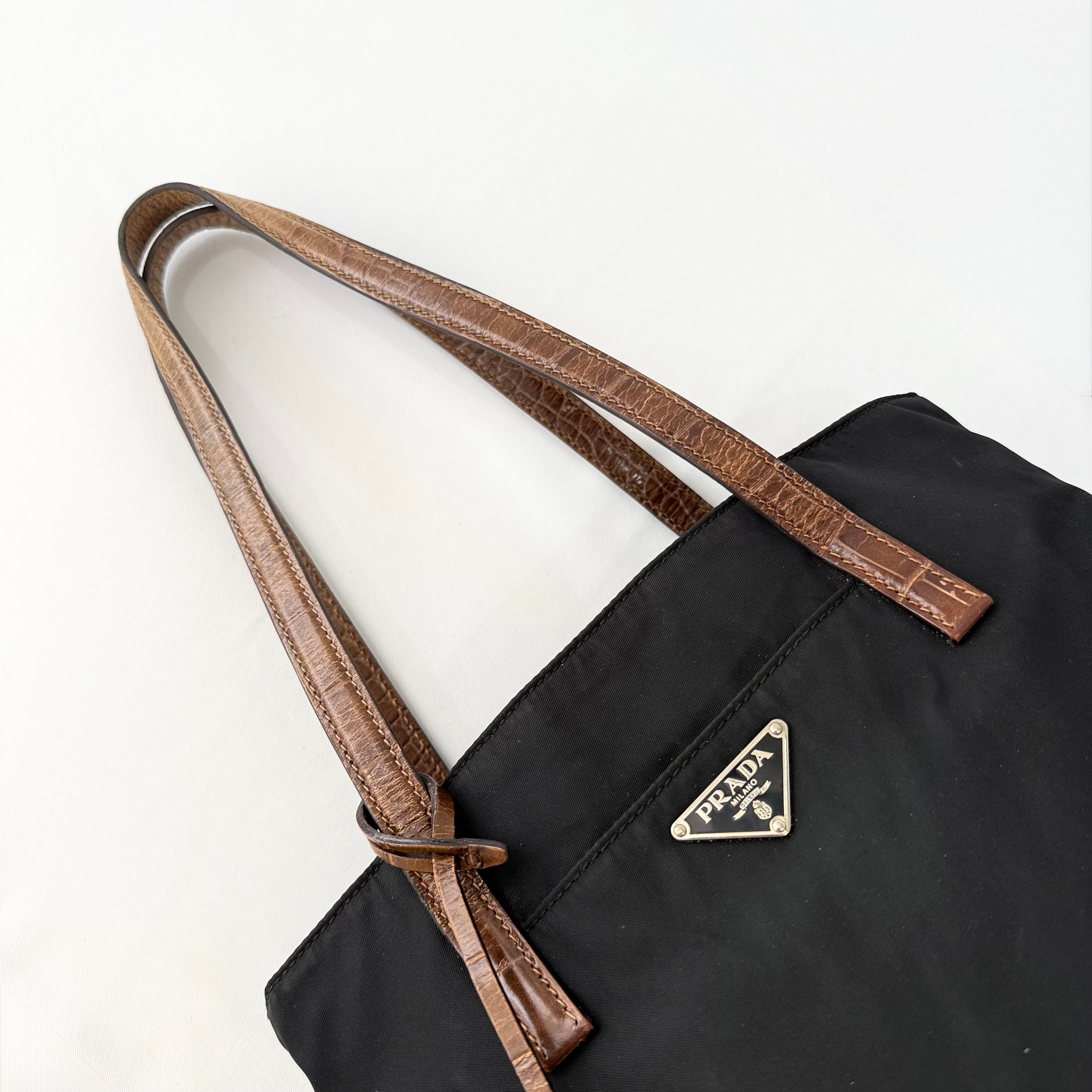 Prada Tessuto Nylon Faux Croc Tote Black
