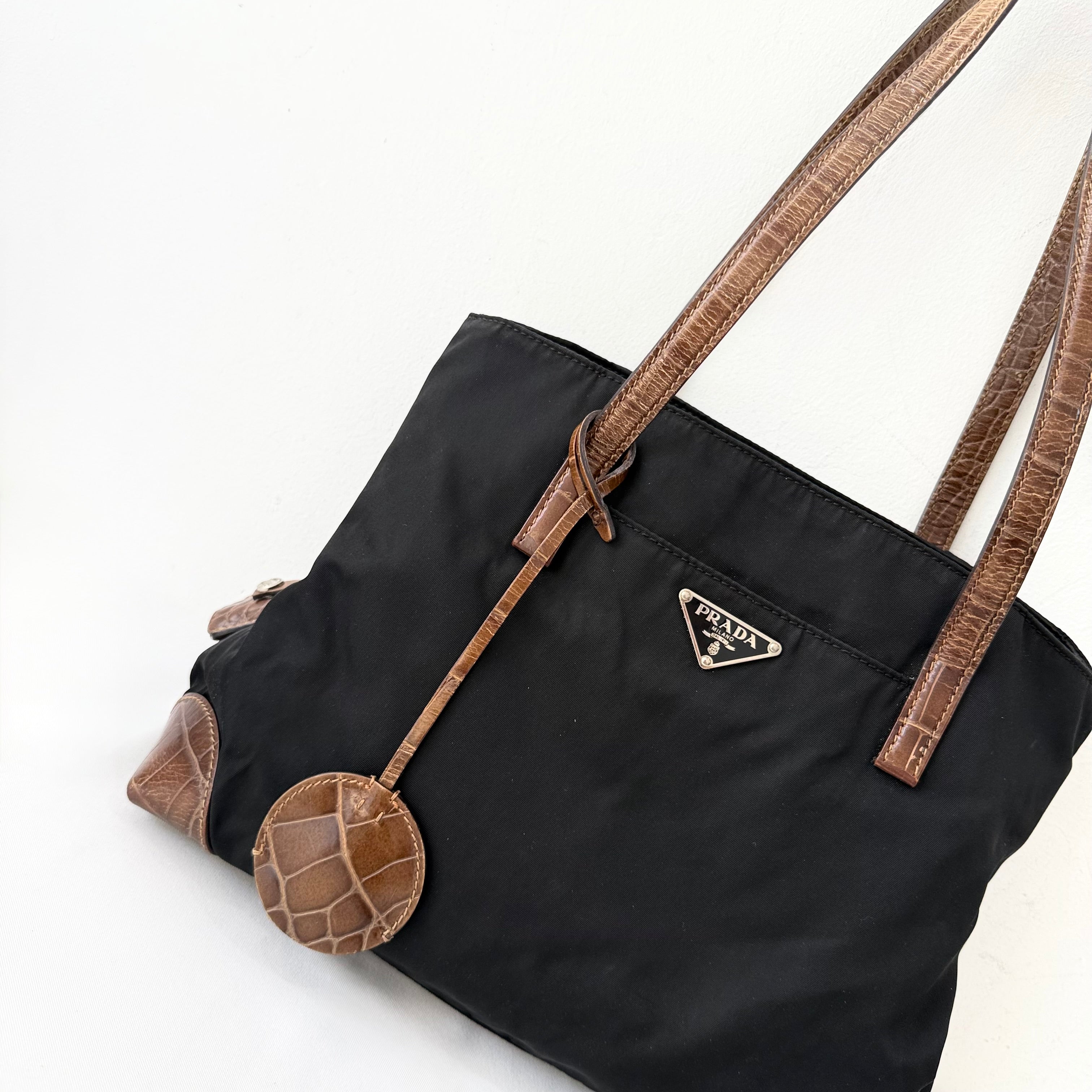 Prada Tessuto Nylon Faux Croc Tote Black