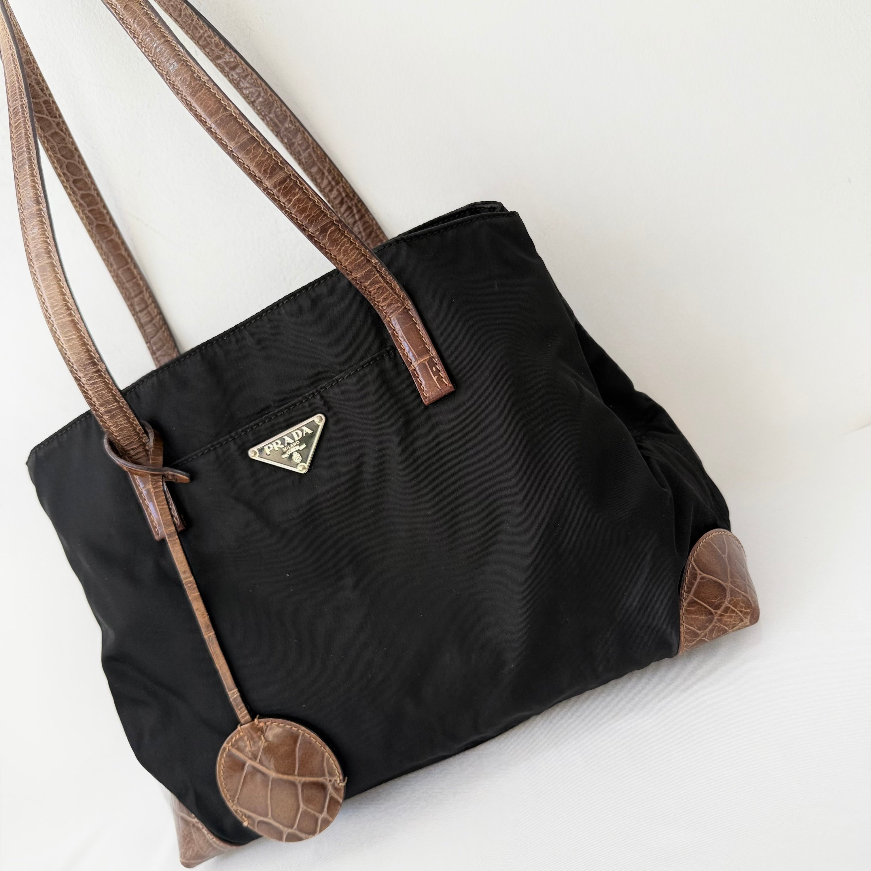 Prada Tessuto Nylon Faux Croc Tote Black
