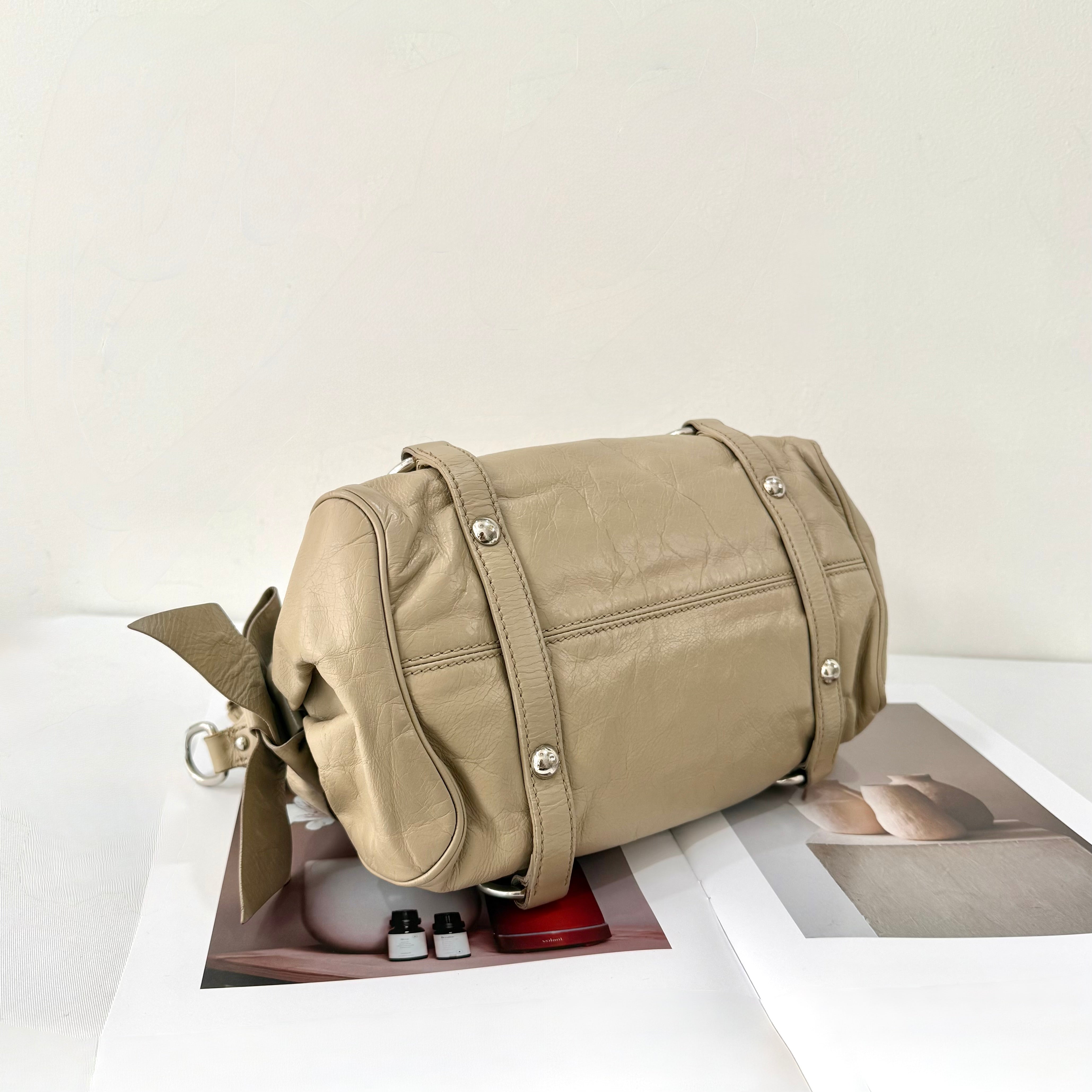 Miu Miu Vitello Lux Leather Bow Satchel Brown