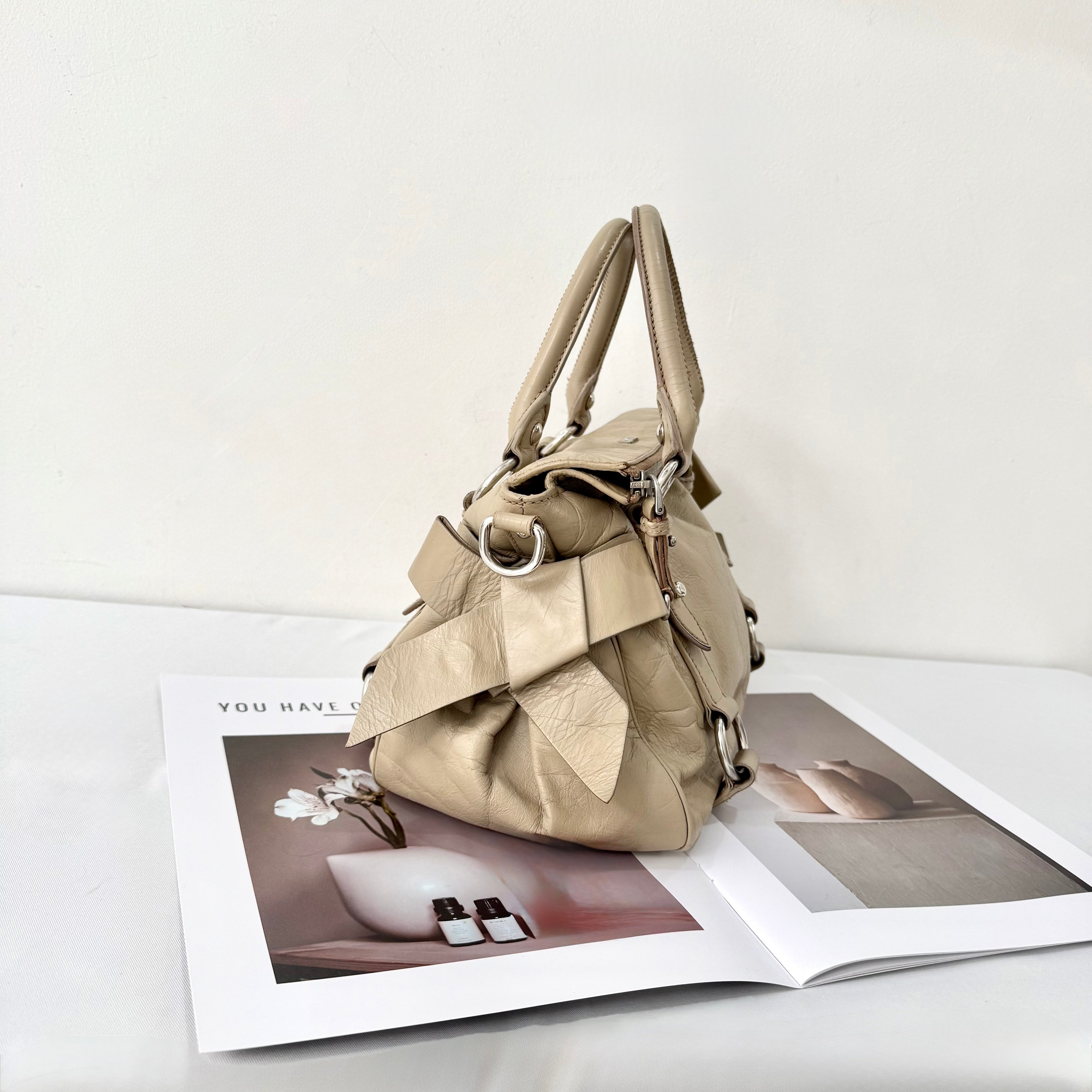 Miu Miu Vitello Lux Leather Bow Satchel Brown