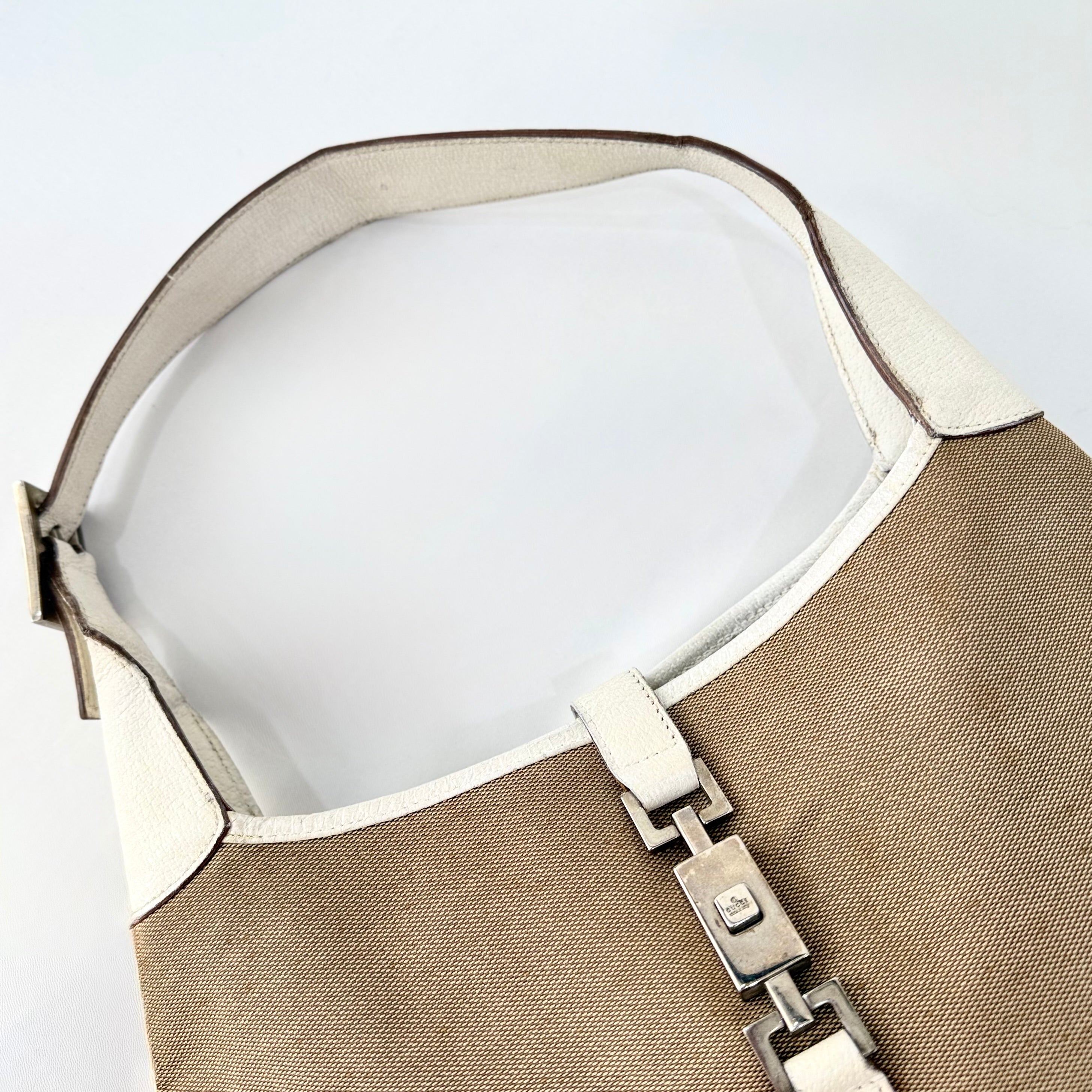 Gucci Jackie White Leather and Beige Canvas Bag