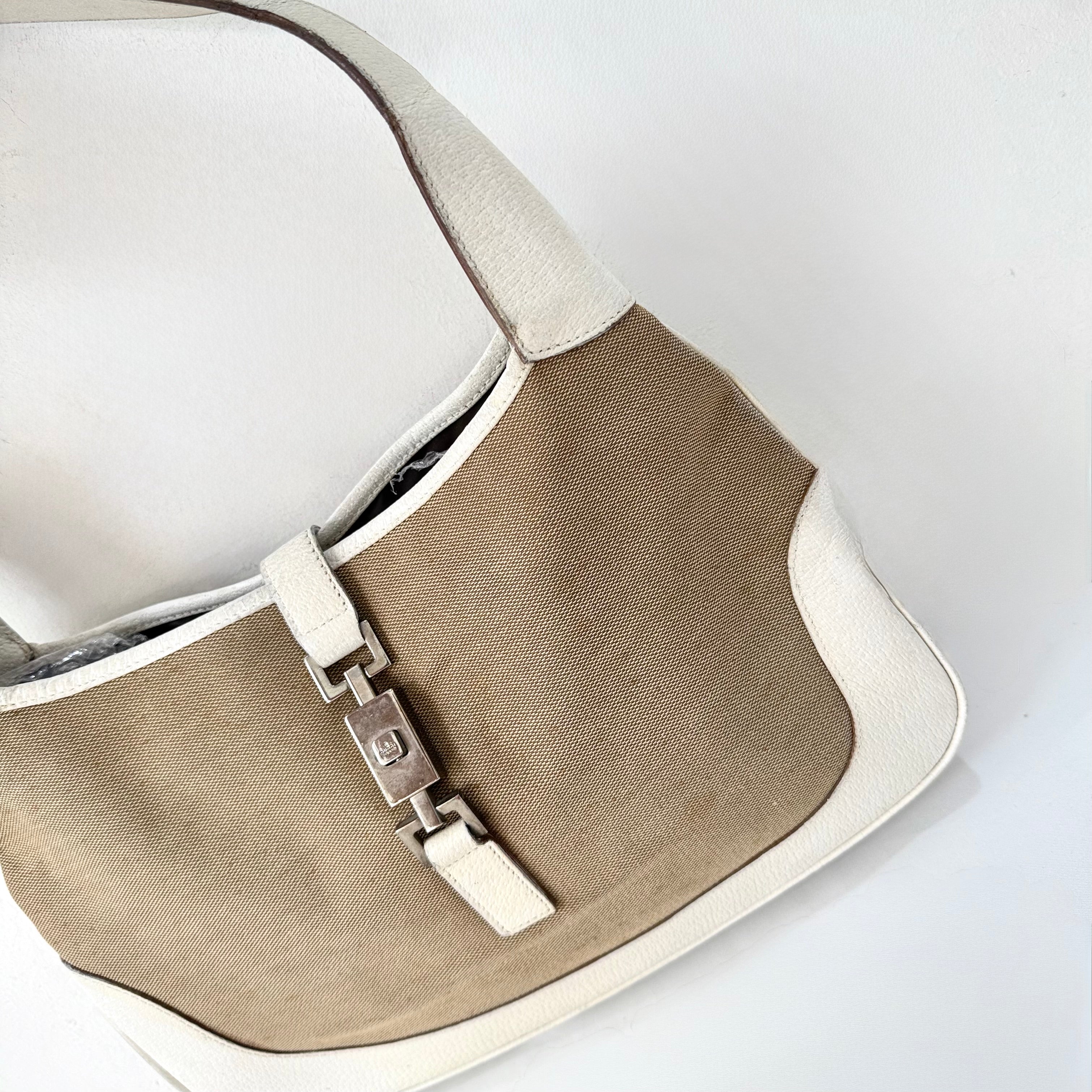 Gucci Jackie White Leather and Beige Canvas Bag