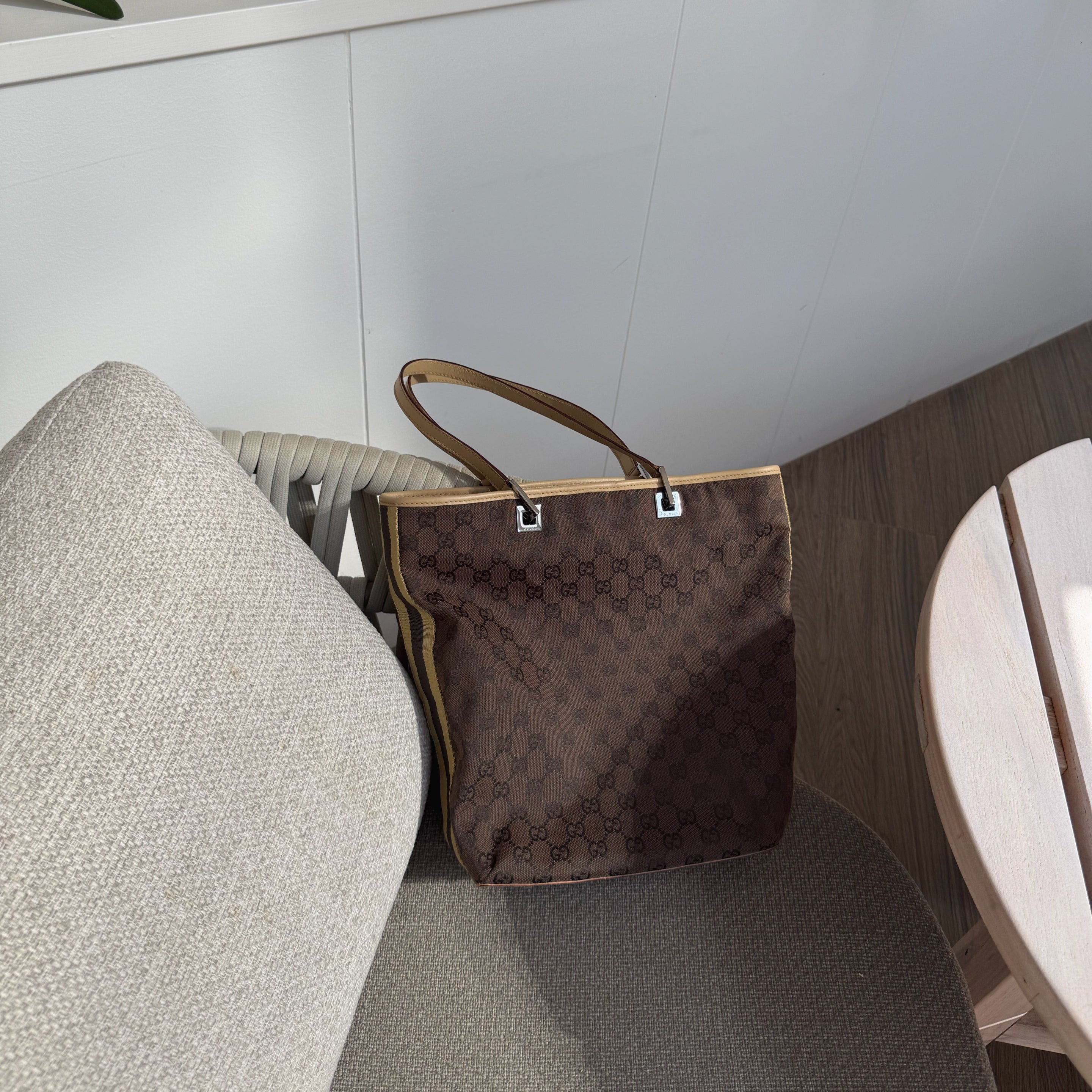 Gucci Brown GG Canvas Web Bucket Tote Bag