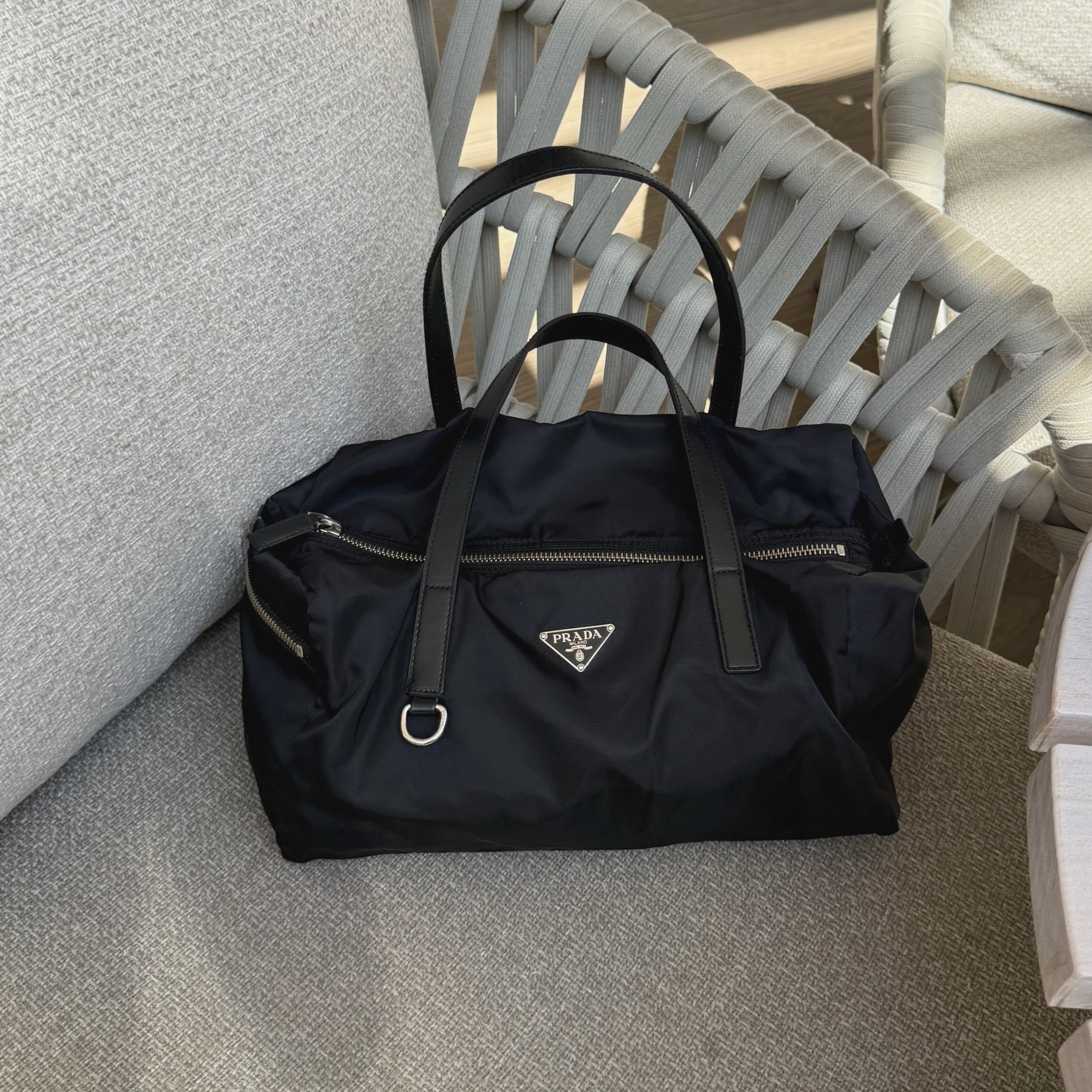 Prada Black Leather Trim Nylon Tessuto Bauletto Bowler Bag